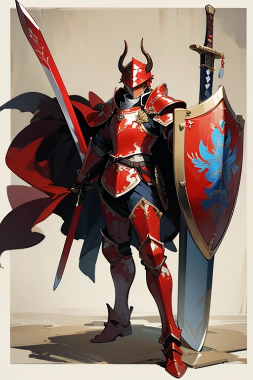 ((highest quality)), ((masterpiece)), (Familiar), One man,Fantasy,Red Knight,Full Body Armor,Red Armor,Red Armor,Golden decoration,White pattern,Full-face helmet,Two-horned helmet,大sword,sword,Cape,shield