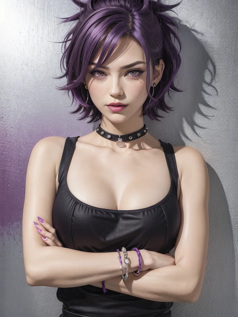 1girl, solo, looking at viewer, blush, short hair, cleavage, hair between eyes, bare shoulders, jewelry, medium, purple eyes, collarbone, upper body, purple hair, sleeveless, nail polish, sweatdrop, bracelet, lips, fingernails, crossed arms, spiked hair, purple nails, spaghetti strap, tile wall, ts