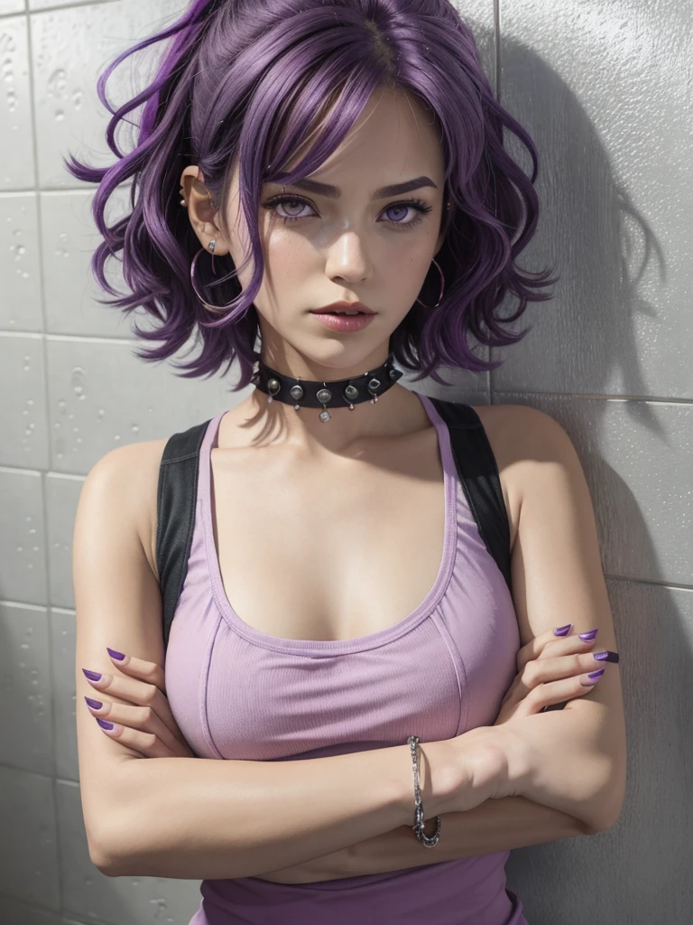 1girl, solo, looking at viewer, blush, short hair, cleavage, hair between eyes, bare shoulders, jewelry, medium, purple eyes, collarbone, upper body, purple hair, sleeveless, nail polish, sweatdrop, bracelet, lips, fingernails, crossed arms, spiked hair, purple nails, spaghetti strap, tile wall, ts