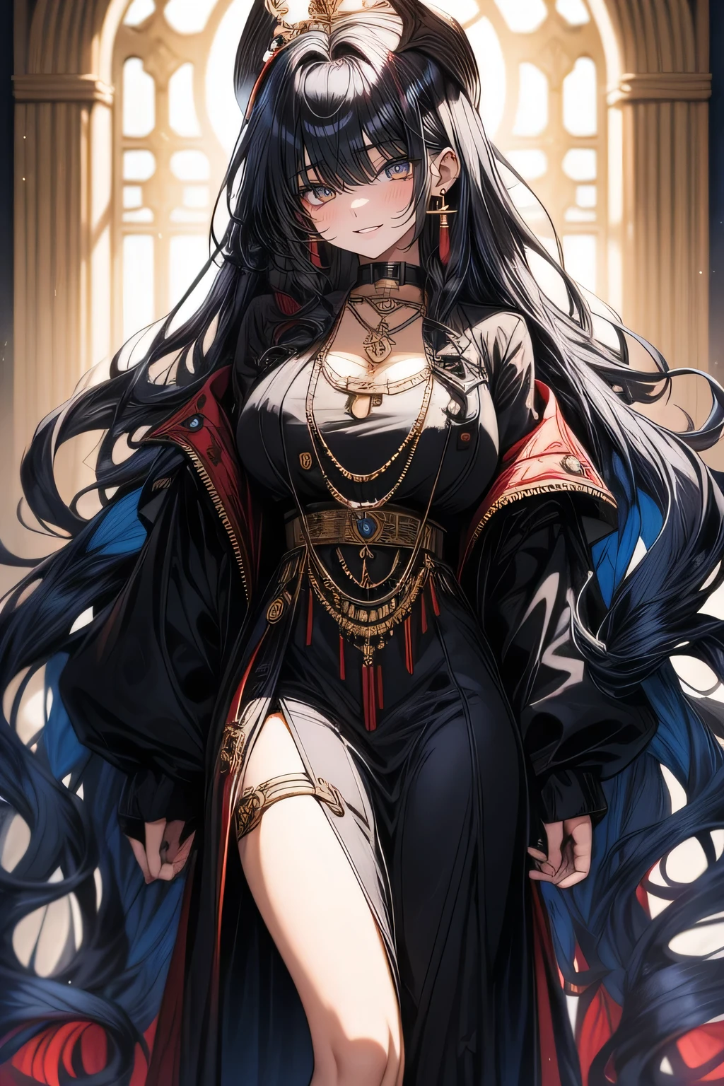 extremely long voluminous hair that cascades down in waves and curls with colors blending from black to vibrant shades of blue and red, The hair is styled with intricate details and accessories including clips and a crown-like headpiece, layered outfit, black dress underneath a long light-colored button-up coat, The coat is oversized, black boots, accessories pendant necklace and large ornate earrings, elegant classical environment with arched doorways and decorative columns bathed in warm natural light, expression is serious, slight blush on her cheeks, red eyes, captivating presence.