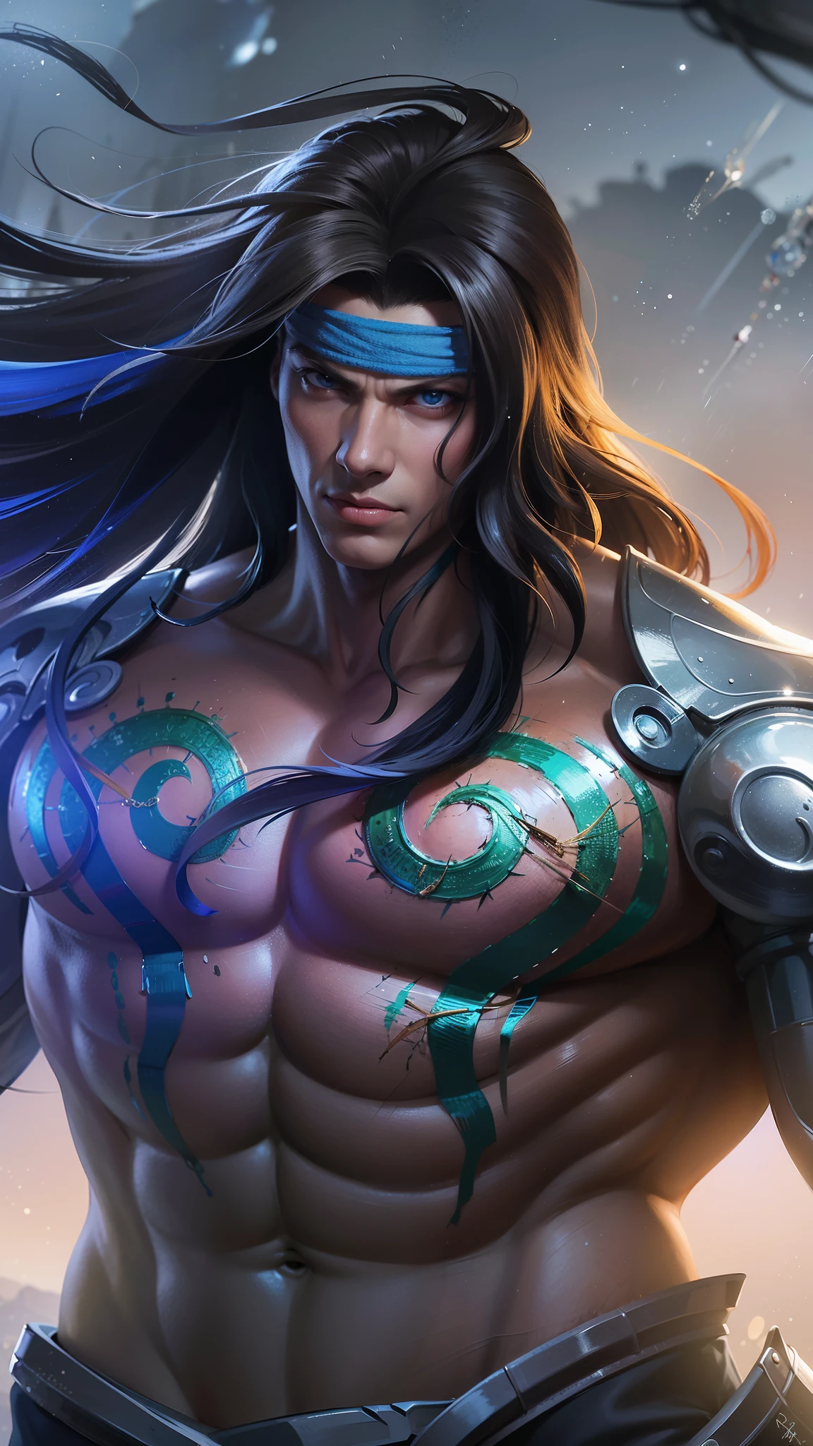 a male with blue headband fabric, Best quality, masterpiece, detailed skin texture, detailed clothes texture, detailed face, super detailed, 8k, intricate detail, The color doesn't change, Muscle guy, 1 male, angry, sharp eyes, blue eyes, rain background.