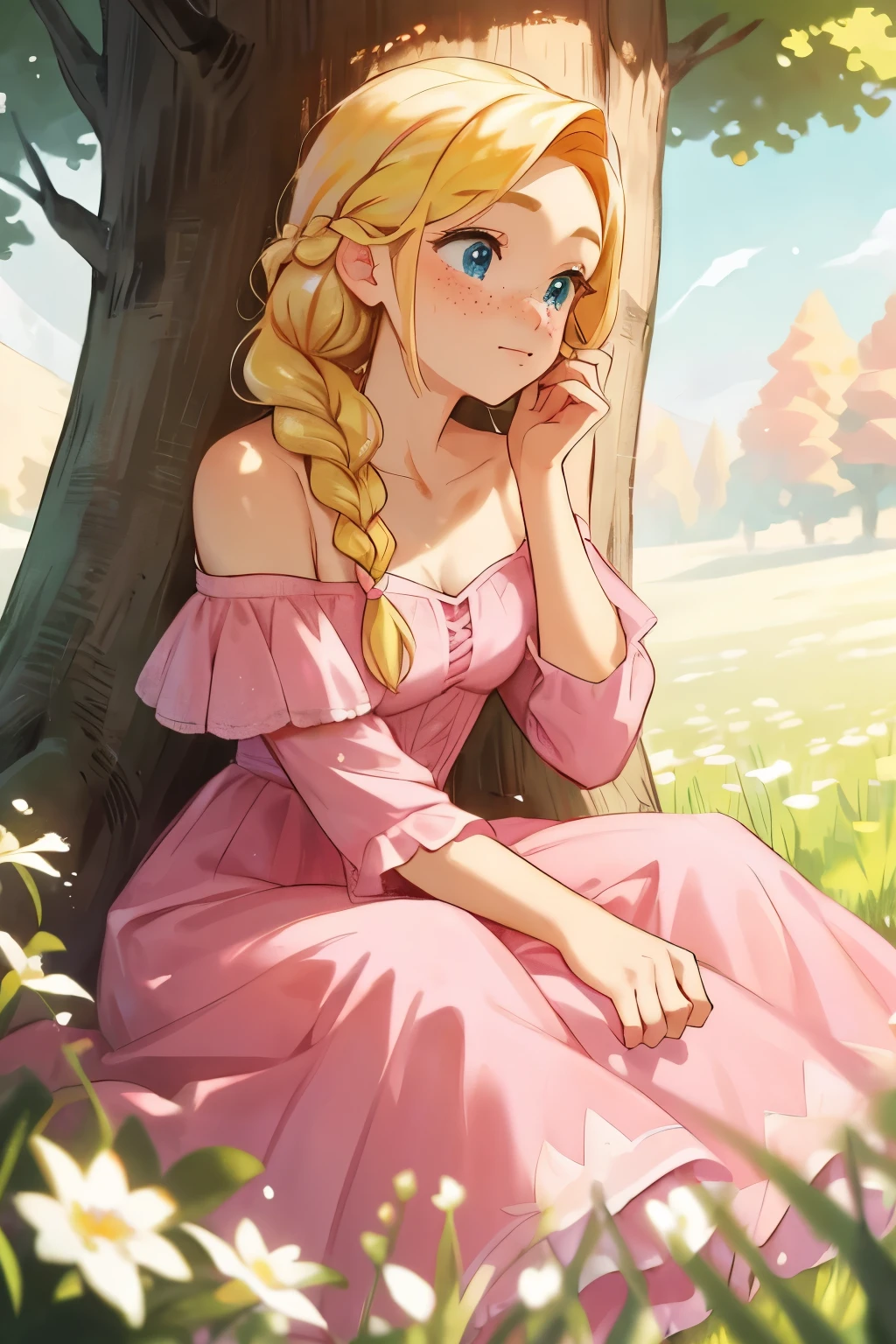 woman with blonde hair and freckles is under a old tree, woman with a french braid, braided hair, one braid, woman sitting poses, woman in a pink beautiful dress, noble dress, womans face with freckles, off-the-shoulder pink dress, cute blonde braid, in the background is a flower tree, a meadow with flowers, many beauitiful green trees, pink princess dress, blue eyes, beautiful sky, beautiful womans face, adult, off-the-shoulder pink dress with a neckline, forest scene, light particles, fantasy, pink princess dress
