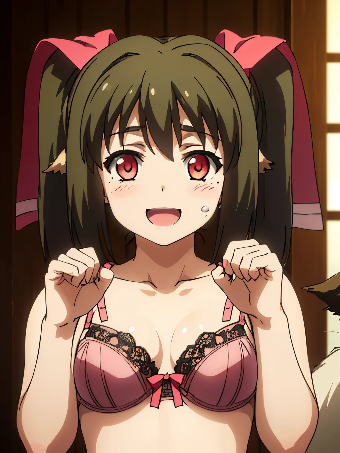 NSFW,1 girl,Nekone、Long Hair、Brown Hair、(Red Eye:1.3)、ribbon、Animal Ears、Twin tails、ヘアribbon、Mole、目の下のMole,(High-quality lingerie:1.5),(Perfect hands),(Perfect Anatomy),(masterpiece),(highest quality),Embarrassed,blush,(Happy face:1.5)