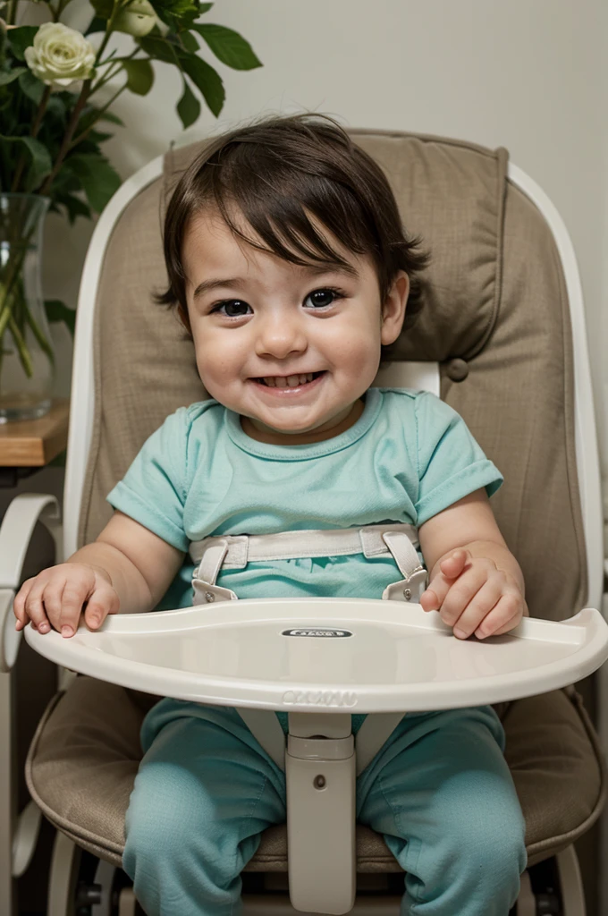 Create a realistic image of a six-month-old baby boy. He is sitting in a highchair, with a hand holding a broccoli. The baby is smiling, demonstrando felicidade. A cena deve ser iluminada de maneira natural, highlighting the baby's details and expression. O fundo deve ser um ambiente de cozinha acolhedor e bem iluminado, com elementos comuns de uma cozinha ao fundo, as cabinets, bench and some utensils. O estilo da imagem deve ser extremamente realista, with attention to detail in the textures of the baby's skin, in broccoli and in the elements of the feeding chair.