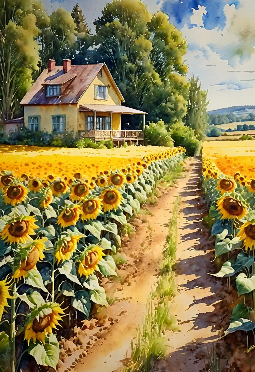 a field of sunflowers, countryside house, dirt path, trees, beautiful landscape, soft pastel watercolor painting, (best quality,4k,8k,highres,masterpiece:1.2),ultra-detailed,(realistic,photorealistic,photo-realistic:1.37),plein air,serene,tranquil,peaceful,idyllic,golden hour,soft lighting,muted colors,warm tones,natural,atmospheric