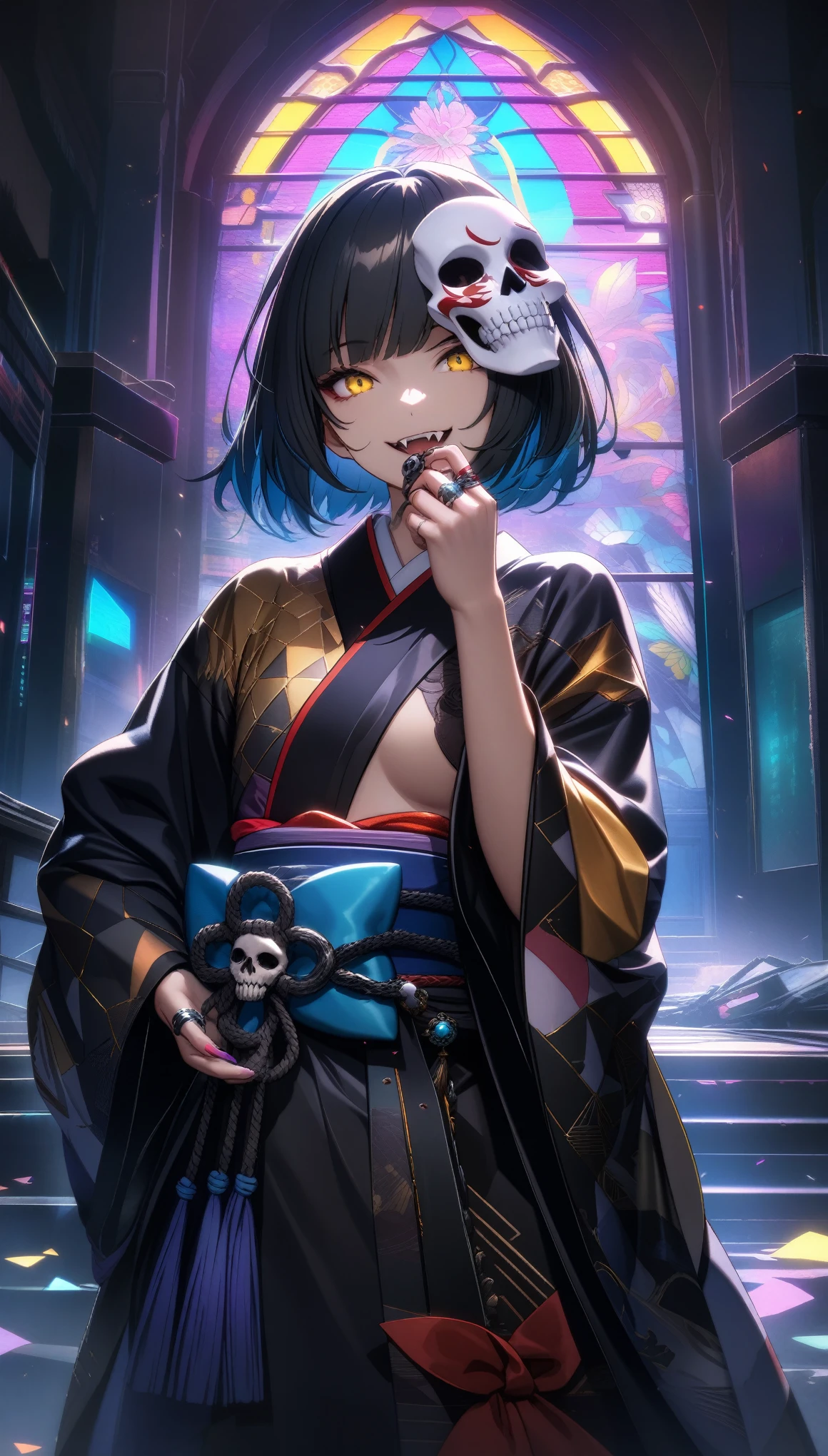 32k, best quality, ultra high res, HDR, UHD, extremely detailed CG, unity 32k wallpaper, a colorful Japanese animation style of a woman with short hair holding a half-removed skull mask in her hand. The skull mask is golden and designed to cover the upper half of her face. She is dressed in a kimono with cyberpunk elements integrated into the design. Her right hand is near her mouth, with two rings attached to chains on her fingers. She has a mischievous smile, revealing fangs. The background features a stained glass pattern with traditional Japanese motifs.