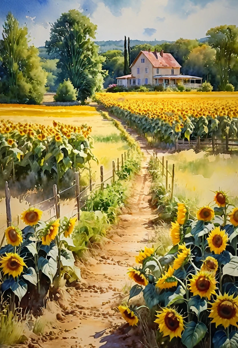 a field of sunflowers, countryside house, dirt path, trees, beautiful landscape, soft pastel watercolor painting, (best quality,4k,8k,highres,masterpiece:1.2),ultra-detailed,(realistic,photorealistic,photo-realistic:1.37),plein air,serene,tranquil,peaceful,idyllic,golden hour,soft lighting,muted colors,warm tones,natural,atmospheric