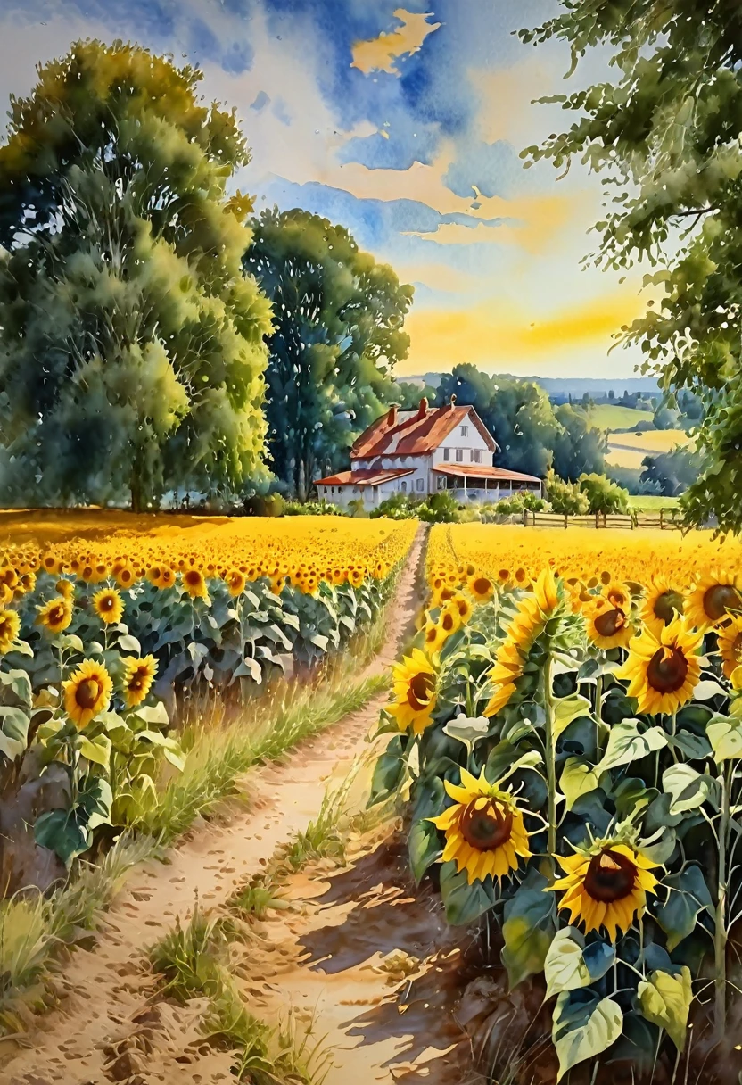 a field of sunflowers, countryside house, dirt path, trees, beautiful landscape, soft pastel watercolor painting, (best quality,4k,8k,highres,masterpiece:1.2),ultra-detailed,(realistic,photorealistic,photo-realistic:1.37),plein air,serene,tranquil,peaceful,idyllic,golden hour,soft lighting,muted colors,warm tones,natural,atmospheric