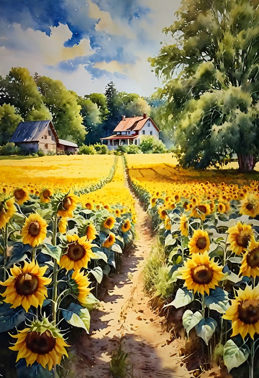 a field of sunflowers, countryside house, dirt path, trees, beautiful landscape, soft pastel watercolor painting, (best quality,4k,8k,highres,masterpiece:1.2),ultra-detailed,(realistic,photorealistic,photo-realistic:1.37),plein air,serene,tranquil,peaceful,idyllic,golden hour,soft lighting,muted colors,warm tones,natural,atmospheric