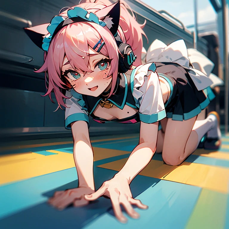 Rainbow hair, Ponytail, Hairpin, Headband, Hairpin, Maid headdress, goggles, Moles under the eyes, Heart-shaped pupil, Cat ear headphones, happy,Browse,Cum on my chest,train,cumin ,On all fours,vaginal,,Hatsune Ohora,train,one person,blush,