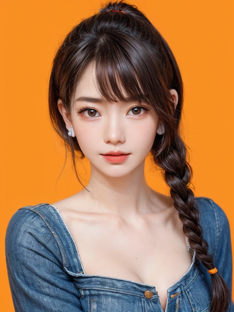 (masterpiece, highest quality, sfw:1.8),1 girl, alone, realistic, realistic, light colored black eyes, black twin braids hair with highly detailed shiny hair, Winter clothes, Whity, lips, bangs, outdoor, closed mouth, Upper body、Big eyes、eyelash、((very simple orange background:1.8))、(((Black French Braid, Big eyes、big and full chest、avoiding eye contact 、beautiful beauty、show me your ears、long neck、low hairline、small forehead)))、ideal body proportions、{Huge|big|Huge|mega} chest, cleavage:2, Blushing, Shy smile, Embarrassed, Flushed cheeks, Timid expression, Coy look, Bashful, Sheepish grin