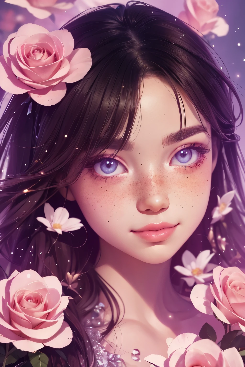 (This is a beautiful, intricate, (romatic) fantasy image that emphasizes beauty and grace.) Generate a blind curvy woman with milky eyes and soft natural freckles. Her face is important and should be (perfectly formed) with (beautiful puffy lips) and (perfect features). There is a cute freckle birthmark on her lip. The image exudes ethereal beauty and soft fantasy, with shimmering shades of pink throughout. Surround her with eternal roses in shimmering shades. Ensure perfection in her face, hair, and eyes. Include sweet and detailed birds and soft, luminous flowers and detailed roses. Utilize dynamic composition and dramatic lighting and cinematic lighting to create an interesting fantasy image. The background of the image is interesting and ultra-detailed, with soft fantasy lighting and gradients. Include fantasy details, cute aura, colorful, colourful, and interesting magical background. The image's background is decorated in shades of pink, shimmer, glitter, and fantasy details like colored bubbles and cosmos. Include subtle freckles, natural freckles and a diffused realistic skin tone. Incorporate elements of high fantasy, whimsy, and detailed elegance. English rose, princess, courtesan, noblewoman, sweet, lovely, calm, lovely, shimmering, glimmering, glittering, astrological fantasy, (((masterpiece))), (highest quality), magic rose, fantasy garden, beautiful face, perfect face, puffy lips, interesting, shy smile, fantasy elements, magic rose, beautiful eyes, perfect puffy lips, jewel tones, luminosity. Taken with a canon camera.