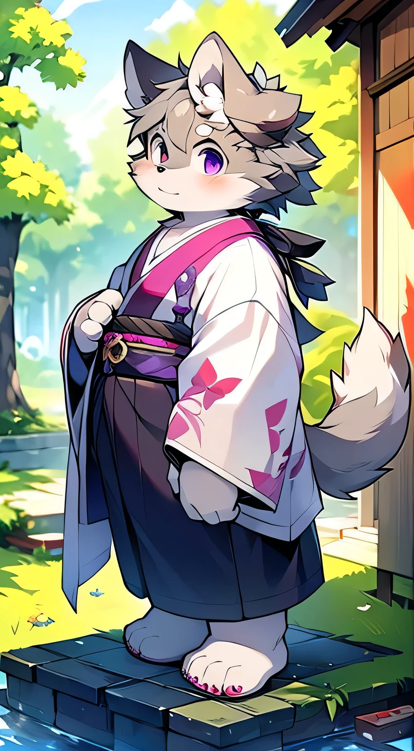 (masterpiece),character focus,detailed background,full body,ultra cute face,dog boy,light grey fur,dark grey hair,solo,eyesgod,purple eyes,obesity,kimono,Shirtless