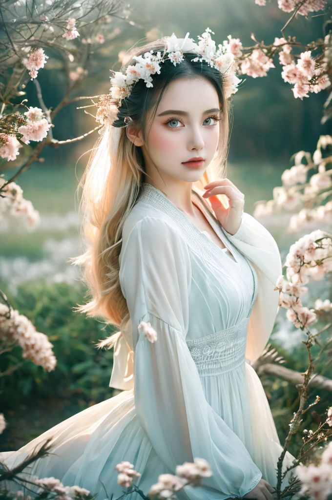 ( masterpiece, top quality, best quality,8k,17 years old girl,ultra detailed,raw photo:1.5),(photorealistic:1.4),(cinematic lighting), PerfectNwsjMajic, , Surrealism, UHD, ccurate, Super detail, textured skin, High detail, Best quality, dynamic angle, (high nose,White skin),[Beautiful blue eyes],[flat chest:large breasts:0.5],(1girl),(good anatomy:0.5)), Nine snow-white fox tails (1.0), Milky white fox tail (1.0), Close-up of nine-tailed fox, Nine tails, Nine tails，There are flowers on the hair, Very beautiful fox girl, Beautiful anime fox girl, Beautiful fantasy, guweiz, girl with fox ears, Very beautiful and charming fox girl, flower rain, The background  blurred, Dreamy atmosphere,mystical ambiance, Artistic interpretation,a whimsical illustration, Subtle colors and tones, mystical aura,vixen , hairstyle