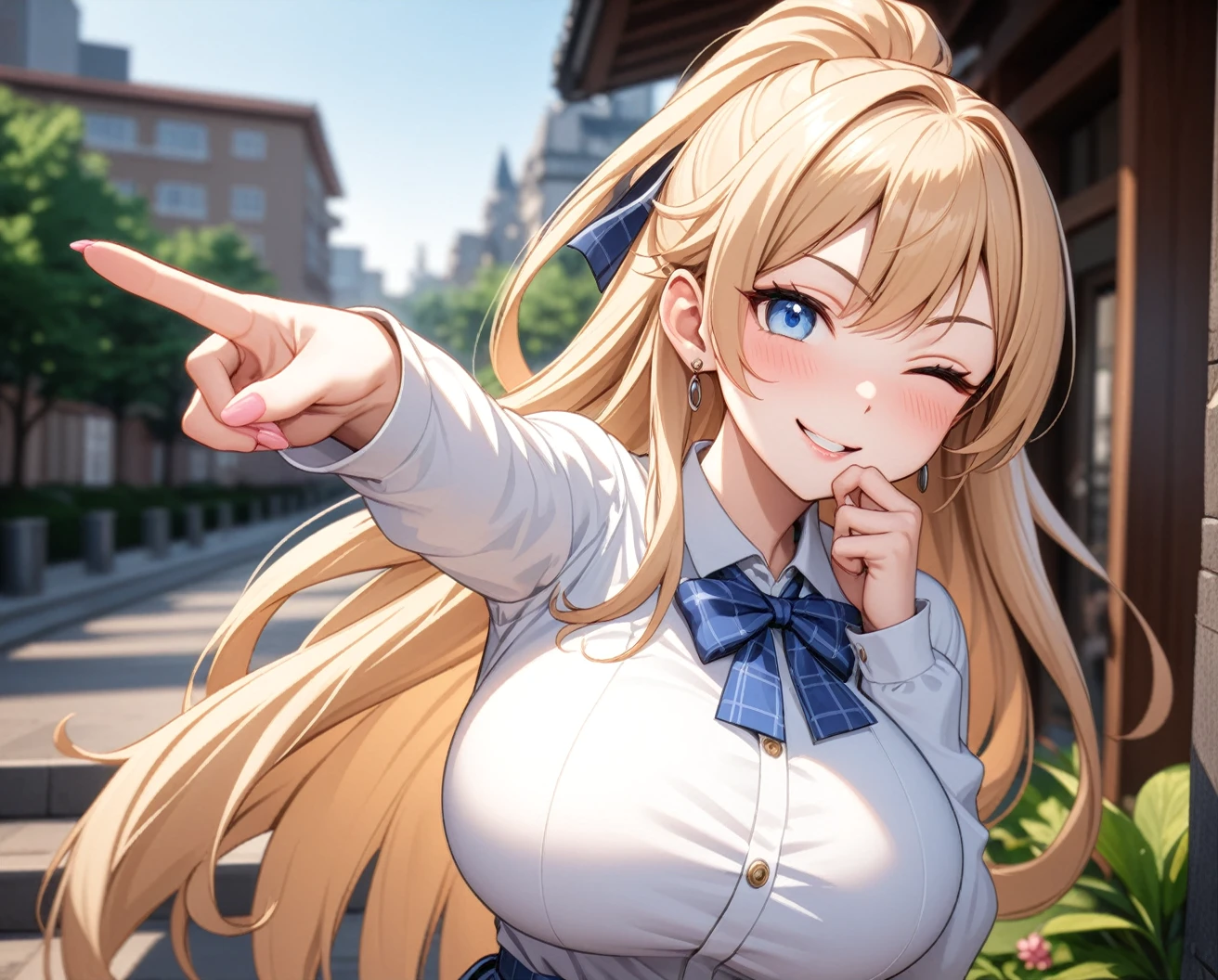 ((One girl)), Beautiful smile,(Wink:2.0),Blushing,Close your mouth,Glossy Lips,Abstract, Park in the evening, masterpiece, highest quality, so beautiful, Absurd, up to date, Complex details, Pink long nails,AI-generated, Complex,High resolution, highest quality, super high quality,3D Images、View the viewers、3D Images,one person,Long Blonde Hair,High Ponytail,blue eyes,Anime girl posing for photo, [[Fine grain、Colorful eyes、Shining Eyes:1.15]],(Squint your eyes:1.1),a hyperRealistic , hyperRealistic , Realistic , blonde anime girl with long hair, Smooth anime CG art, Beautiful anime school girl,White long sleeve blouse,Blue checked skirt,Big blue chest ribbon, Earrings,(Large Breasts:1.3),Mature Body,tall,Fine details,Abdominal muscles,(peace sign),Tilt your face