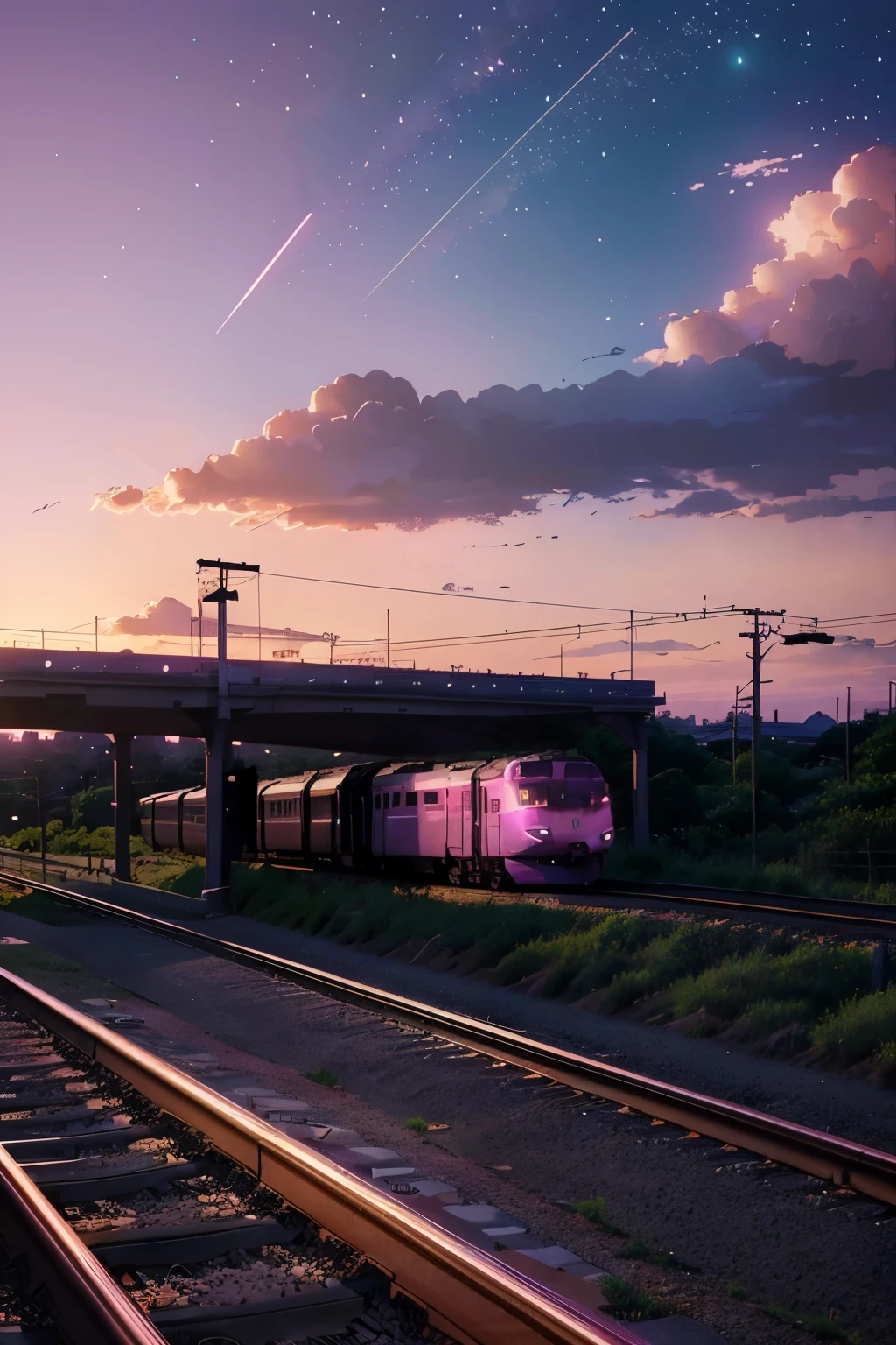 anime scene of a train passing under a pink and purple sky, an anime drawing by Makoto Shinkai, trending on pixiv, magical realism, beautiful anime scene, cosmic skies. by makoto shinkai, ( ( makoto shinkai ) ), by makoto shinkai, anime background art, style of makoto shinkai