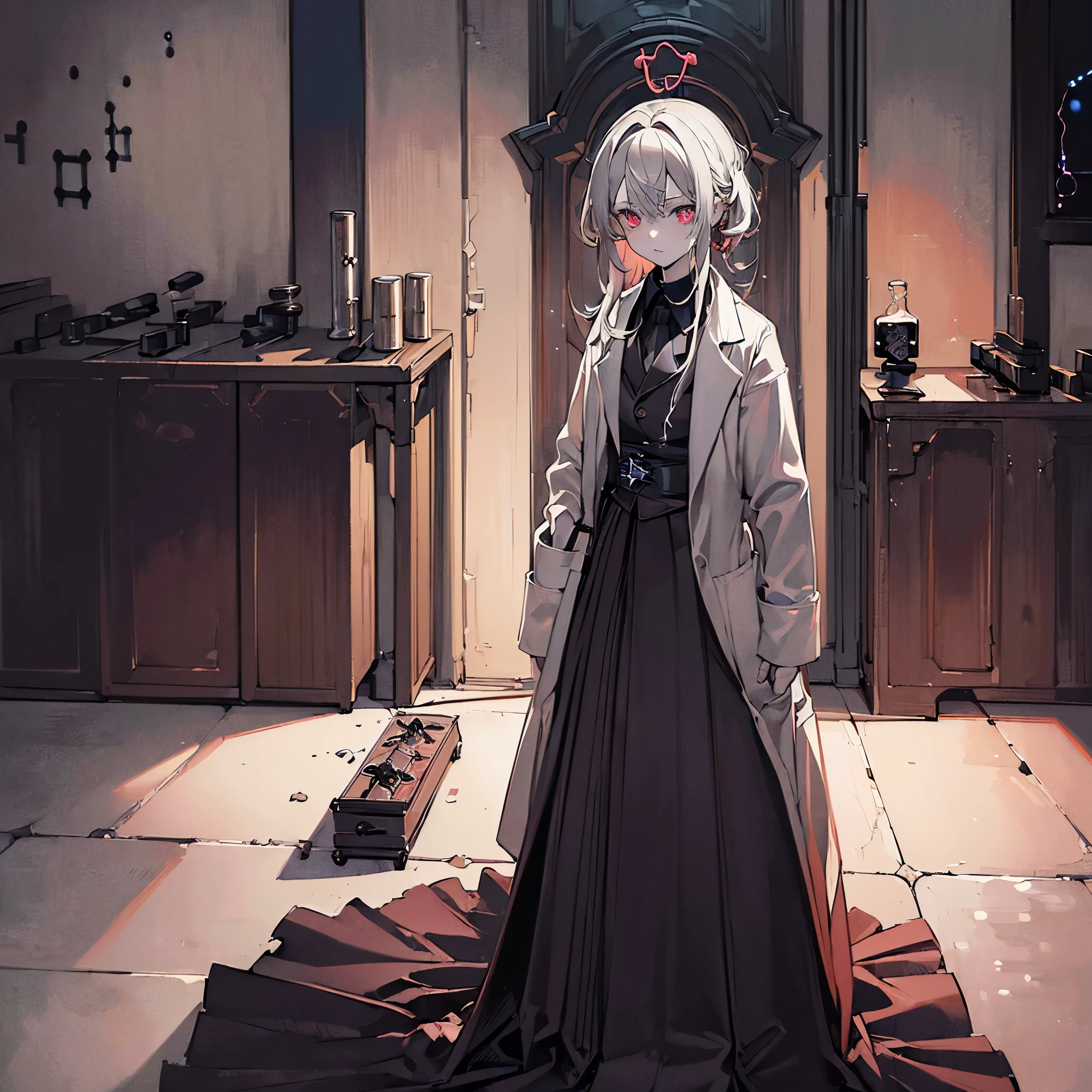 high res, (masterpiece:1.6), (((dark atmosphere))), dark lighting, (best quality:1.4), best illustration, best shadow, depth of field, detailed eyes, sharp pupils, best dark, beautiful, detailed face, 1boy, (Scientist:1.9), (Shota), pale skin, short, crimson eyes, medium hair, white hair, long bangs, black trench coat,