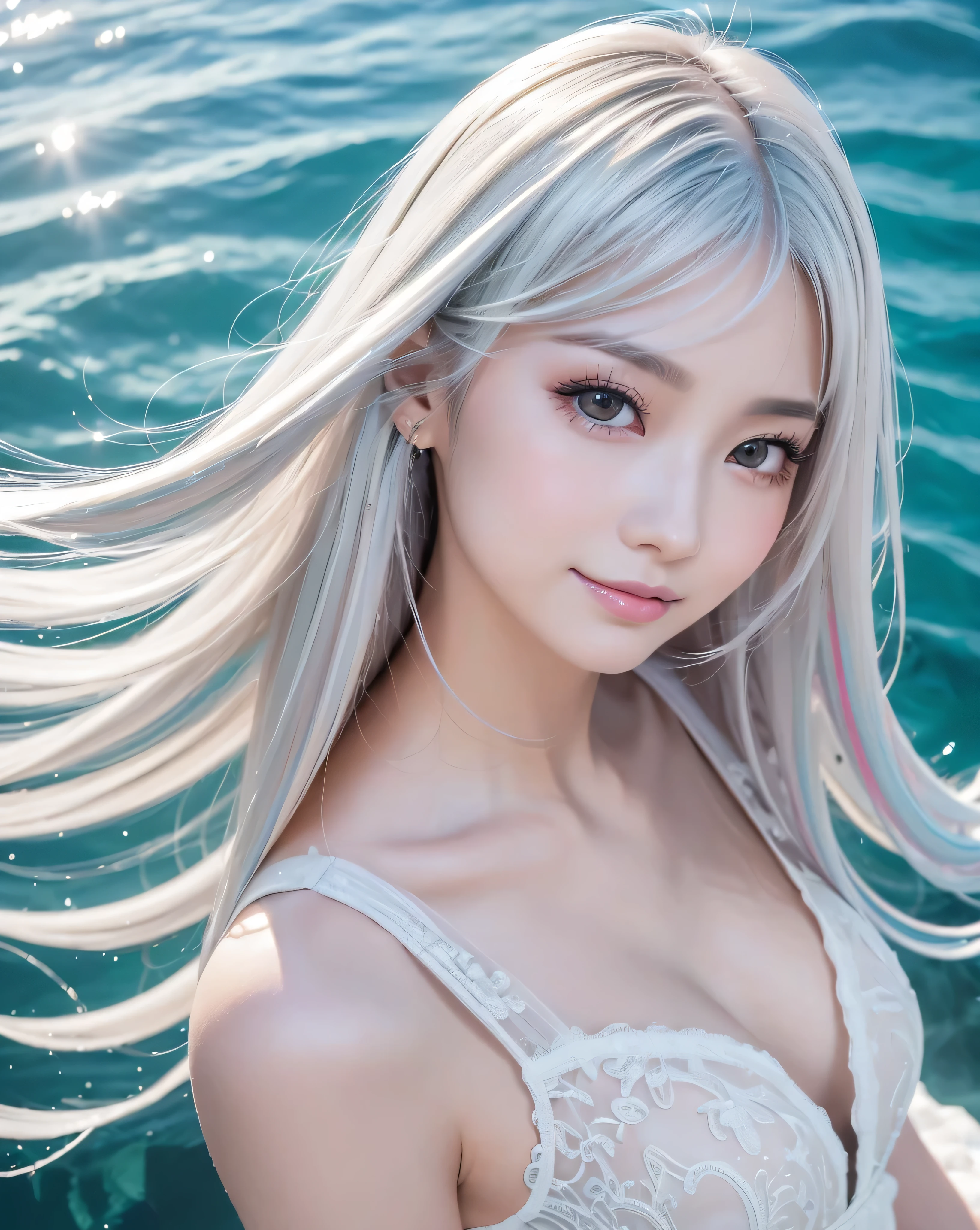 (highest quality,32k,High resolution,Masterpiece:1.5), marimo_jet, Blue-green color palette, A haunting fantasy in abstract style, In a swirl of pastel colors and soft light, Evoking a sense of calm and elusive beauty, Undersea World, Beautiful Japanese Girls, An exceptionally beautiful face, Small Face Beauty, ((Shiny platinum hair:1.3)), ((Beautifully tousled super long straight silk hair)), Asymmetrical bangs, Hair between the eyes, Magical big eyes, Clear, smooth, white skin, Sharp eyebrows, Thin lashes, Natural Makeup, Cheek highlighter, Pale pink detailed lips, Rich emotional expression, Motherhood and generosity, fleeting smile, ((White dress:1.4)), High resolution perfect collarbone, High resolution beautiful bust, Slim figure with ample breasts, The water is sparkling and full of vibrant colors., Surrounded by coral reefs, A school of rare fish, Swaying seaweed. Sunlight reflected on the water, Professional Lighting, Professional photographer, Professional models, mysterious