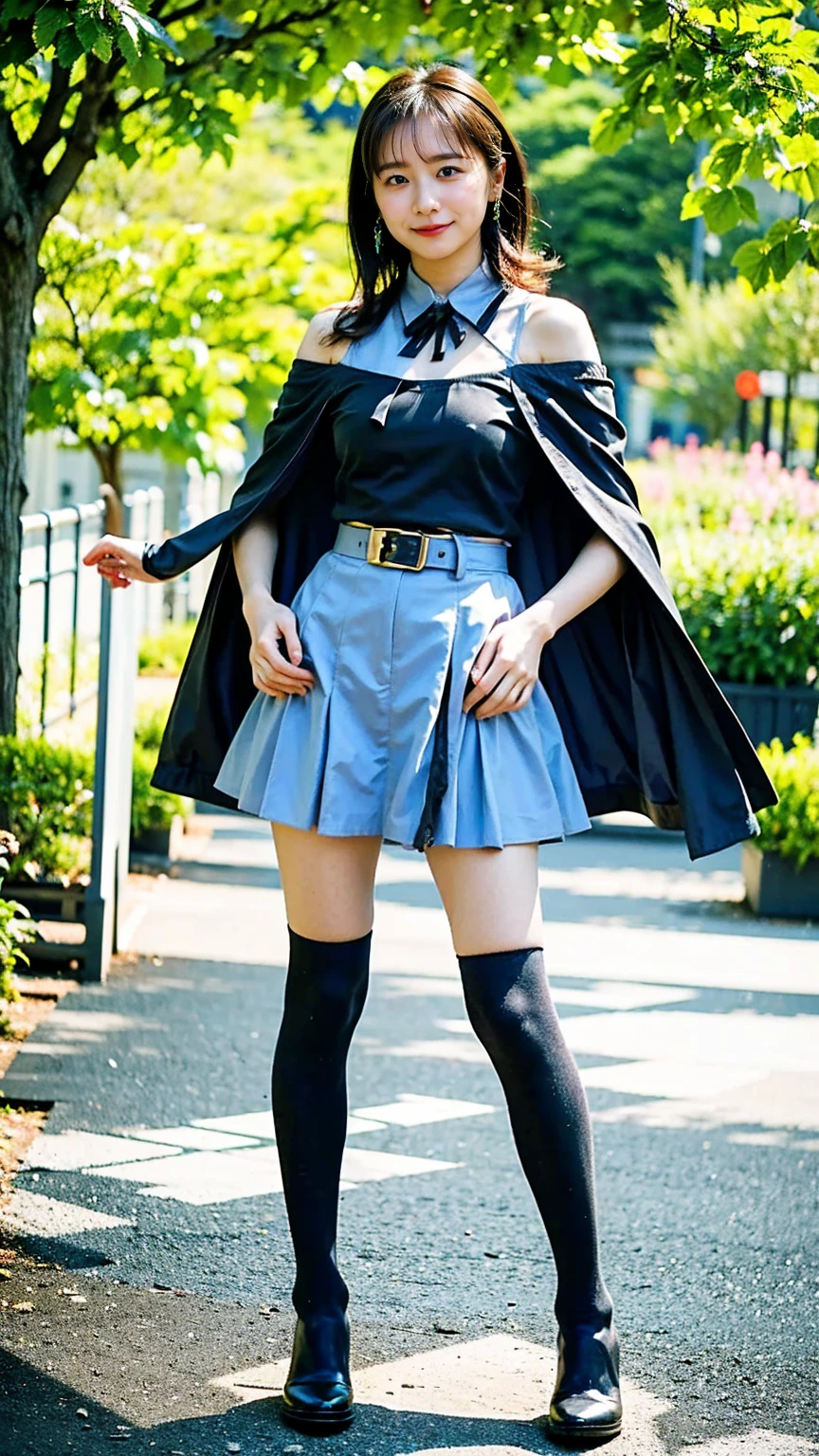 (8k、RAW Photos、highest quality、masterpiece:1.2)、(Realistic、Realistic)、1 girl、((Light blue and black heroine costume、belt、Off the shoulder、mini skirt、boots、See-through、Frills、Ribbon on chest、garden、smile、Big Breasts、View from the front、whole body、Knee socks、Cape、Standing with hands on hips))、Lots of eyelashes、Glowing eyelids、skeletally correct