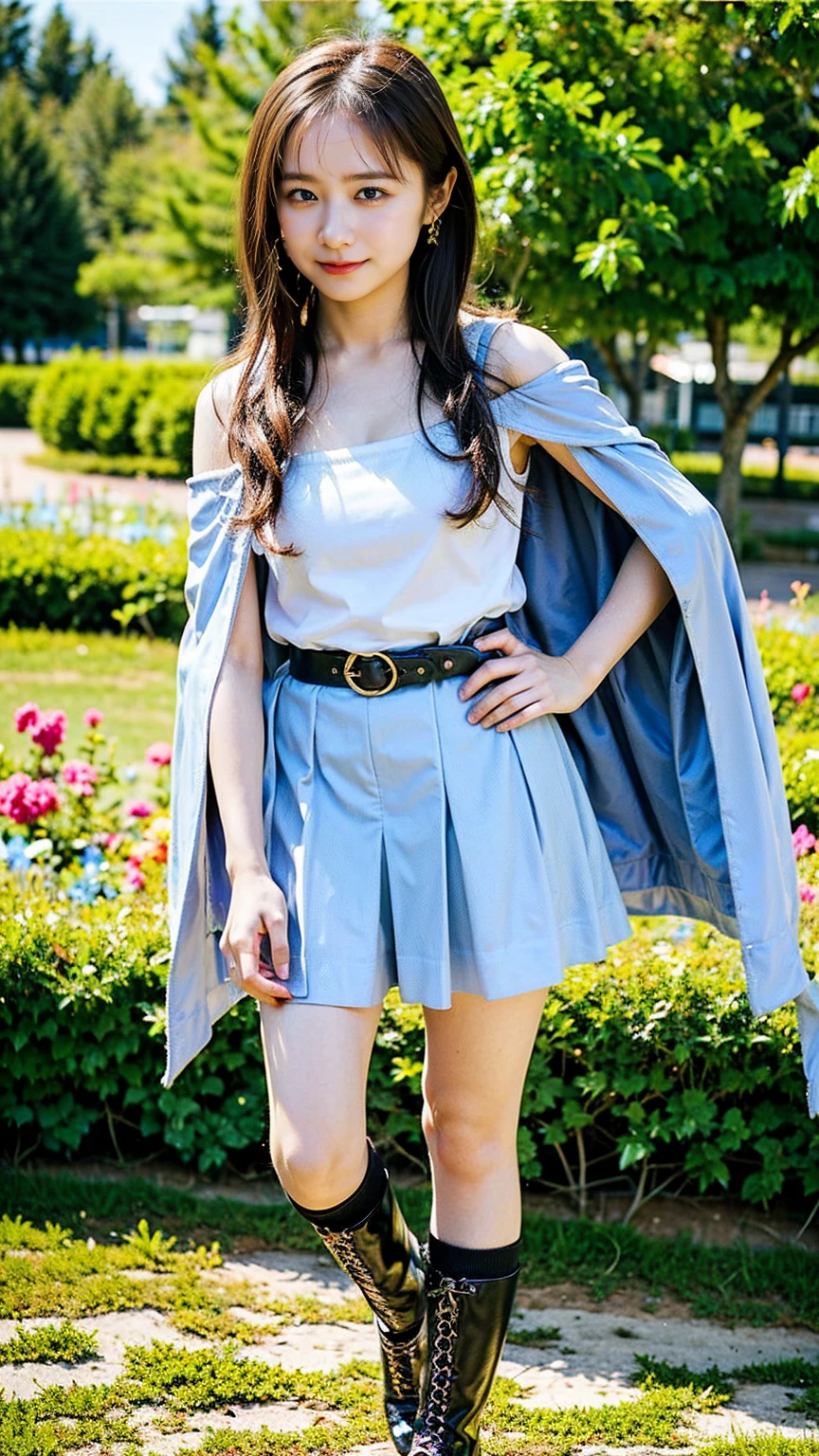 (8k、RAW Photos、highest quality、masterpiece:1.2)、(Realistic、Realistic)、1 girl、((Light blue and black heroine costume、belt、Off the shoulder、mini skirt、boots、See-through、Frills、Ribbon on chest、garden、smile、Big Breasts、View from the front、whole body、Knee socks、Cape、Standing with hands on hips))、Lots of eyelashes、Glowing eyelids、skeletally correct