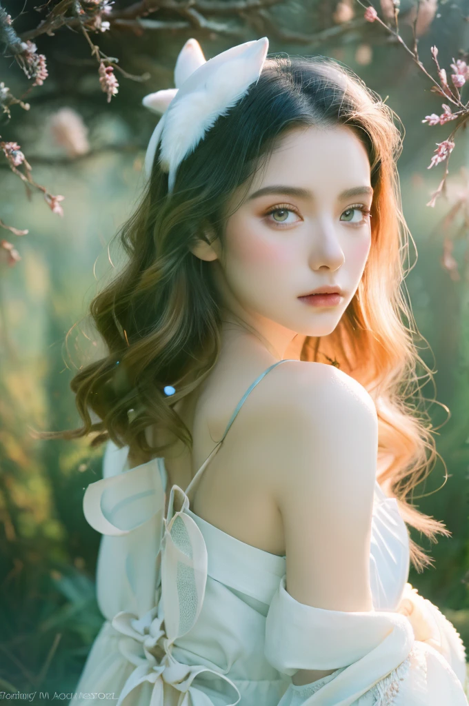( masterpiece, top quality, best quality,8k,17 years old girl,ultra detailed,raw photo:1.5),(photorealistic:1.4),(cinematic lighting), PerfectNwsjMajic, , Surrealism, UHD, ccurate, Super detail, textured skin, High detail, Best quality, dynamic angle, (high nose,White skin),[Beautiful blue eyes],[flat chest:large breasts:0.5],(1girl),(good anatomy:0.5)), Nine snow-white fox tails (1.0), Milky white fox tail (1.0), Close-up of nine-tailed fox, Nine tails, Nine tails，There are flowers on the hair, Very beautiful fox girl, Beautiful anime fox girl, Beautiful fantasy, guweiz, girl with fox ears, Very beautiful and charming fox girl, flower rain, The background  blurred, Dreamy atmosphere,mystical ambiance, Artistic interpretation,a whimsical illustration, Subtle colors and tones, mystical aura,vixen , hairstyle