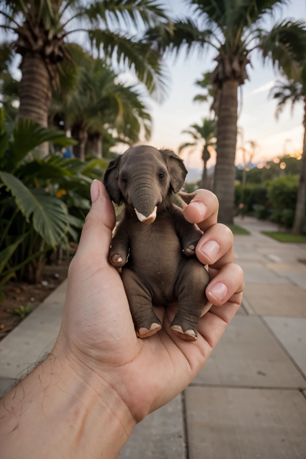 A cute elephant as small as a little finger is in the palm of the hand