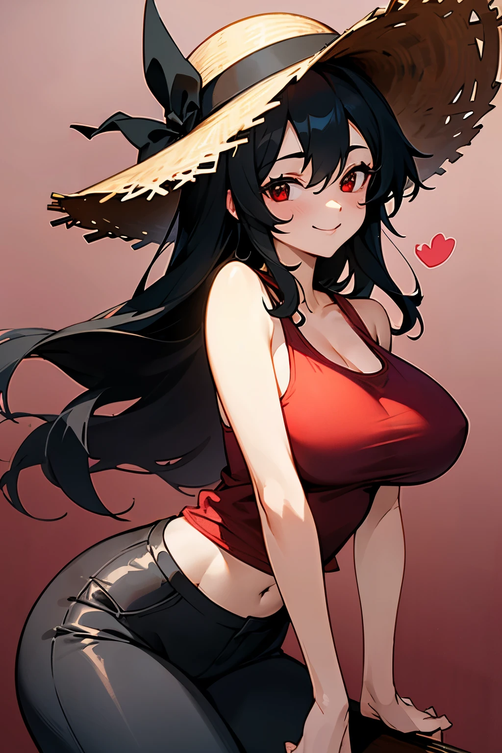 Girl, extra large straw hat, long black hair, red eyes, smile, red tank top, big breasts, tight pants, 👒🦇