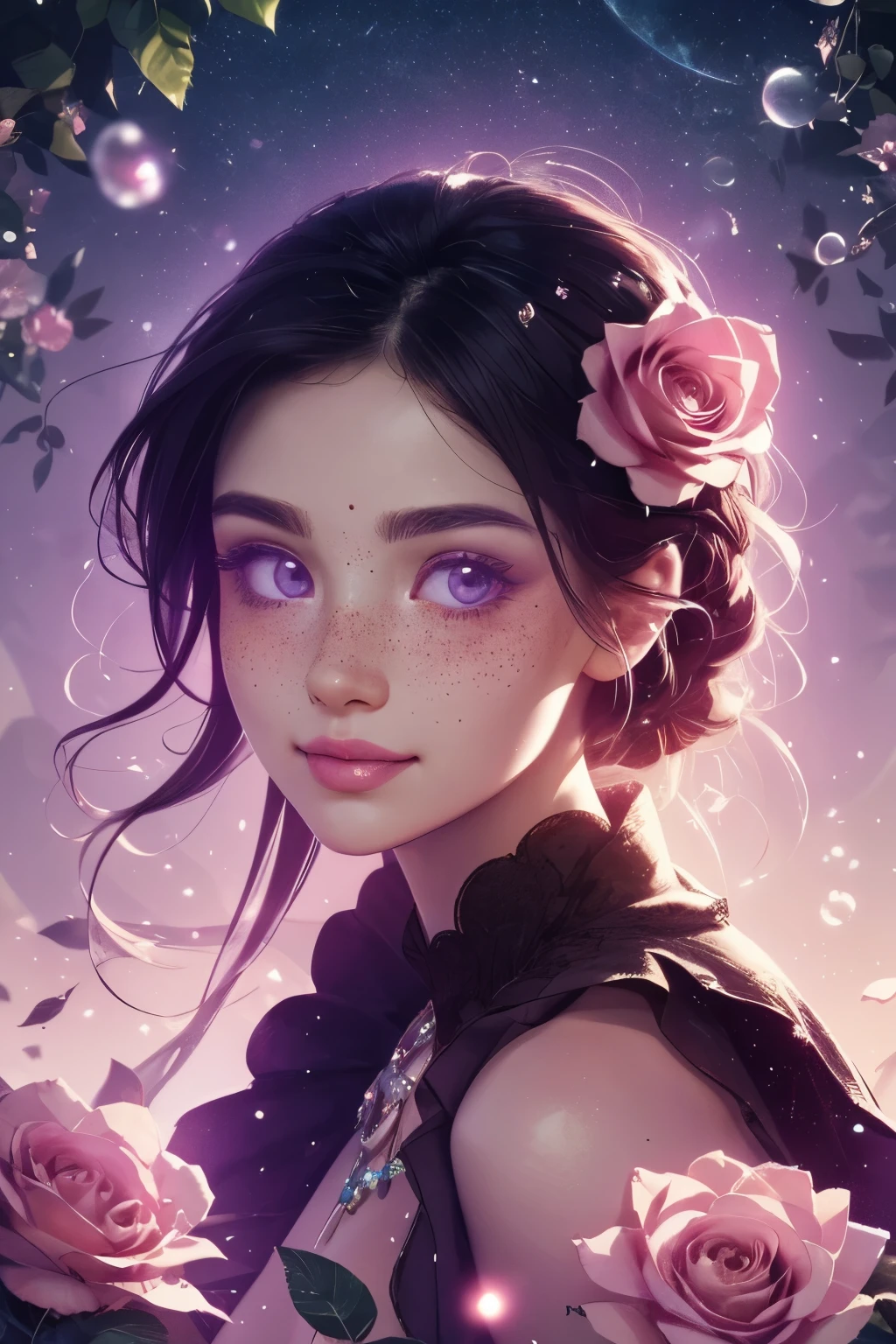 (This is a beautiful, intricate, (romatic) fantasy image that emphasizes beauty and grace.) Generate a blind curvy woman with milky eyes and soft natural freckles. Her face is important and should be (perfectly formed) with (beautiful puffy lips) and (perfect features). There is a cute freckle birthmark on her lip. The image exudes ethereal beauty and soft fantasy, with shimmering shades of pink throughout. Surround her with eternal roses in shimmering shades. Ensure perfection in her face, hair, and eyes. Include sweet and detailed birds and soft, luminous flowers and detailed roses. Utilize dynamic composition and dramatic lighting and cinematic lighting to create an interesting fantasy image. The background of the image is interesting and ultra-detailed, with soft fantasy lighting and gradients. Include fantasy details, cute aura, colorful, colourful, and interesting magical background. The image's background is decorated in shades of pink, shimmer, glitter, and fantasy details like colored bubbles and cosmos. Include subtle freckles, natural freckles and a diffused realistic skin tone. Incorporate elements of high fantasy, whimsy, and detailed elegance. English rose, princess, courtesan, noblewoman, sweet, lovely, calm, lovely, shimmering, glimmering, glittering, astrological fantasy, (((masterpiece))), (highest quality), magic rose, fantasy garden, beautiful face, perfect face, puffy lips, interesting, shy smile, fantasy elements, magic rose, beautiful eyes, perfect puffy lips, jewel tones, luminosity. Taken with a canon camera.