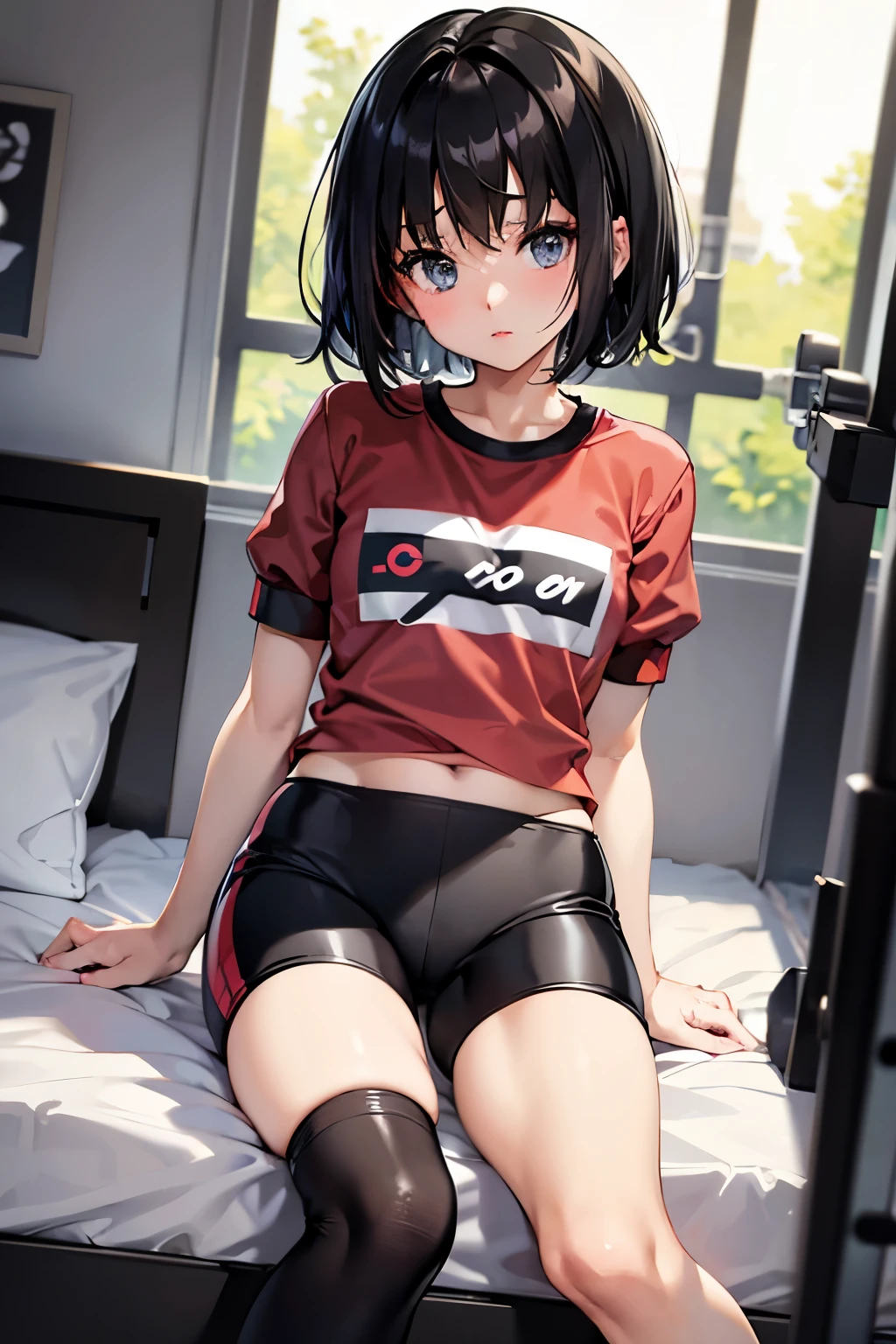 Erica、Pokémon、Black Hair、Short Hair、((Bike Pants))、Photo from below、Medium chest、Bedroom、One girl、Red ribbon on head、((Gym clothes with short sleeves))、(Black thigh-high socks)、