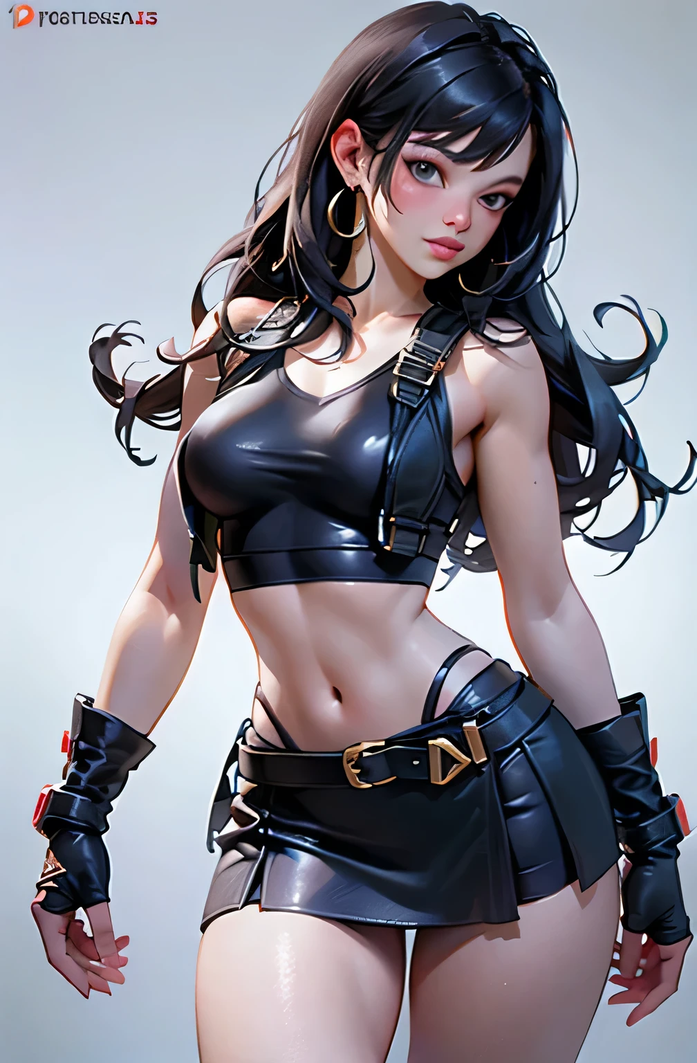 There's a woman in a short skirt posing for a photo, Modelo IG | Artgerm, anime na vida real, no estilo Artgerm e Artgerm, Artgerm extremamente detalhado, Retrato sedutor de Tifa Lockhart, Estilo Artgerm, Estilo Artgerm, Tifa Lockhart, roupas sexy curta apertada , super apertada,decote, pelvis curtain, quadris largos, seios pontiagudos. pert seios naturais : 1.2), (seios pequenos: 1.2), bunda redonda perfeita magra, baixinha, (Beautiful and Aesthetic: 1.2), bela coxa detalhada, (figura feminina perfeita), (symmetrical body shape)