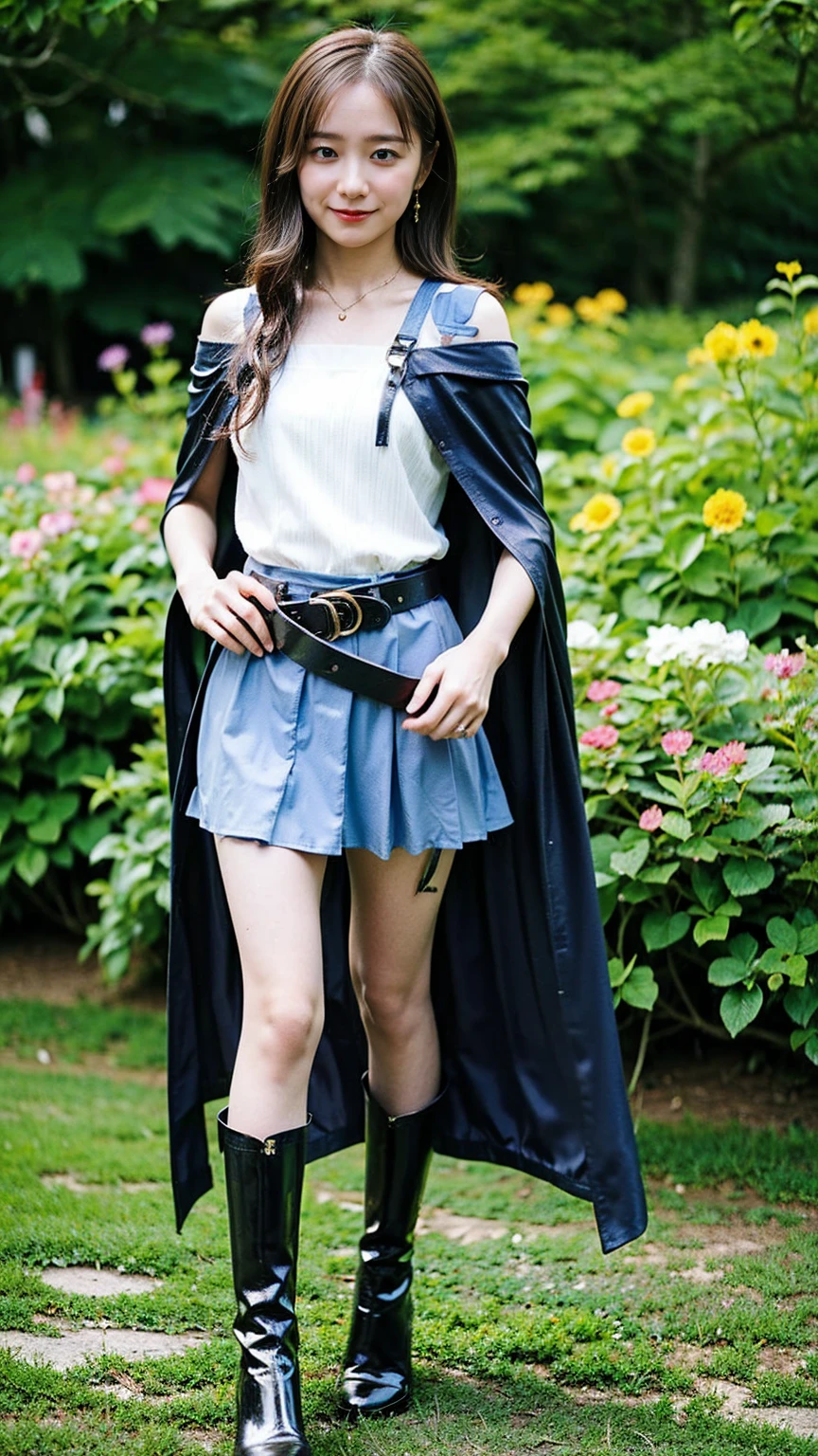 (8k、RAW Photos、highest quality、masterpiece:1.2)、(Realistic、Realistic)、1 girl、((Light blue and black heroine costume、belt、Off the shoulder、mini skirt、boots、See-through、Frills、Ribbon on chest、garden、smile、Big Breasts、View from the front、whole body、Knee socks、Cape、Standing with hands on hips))、Lots of eyelashes、Glowing eyelids、skeletally correct