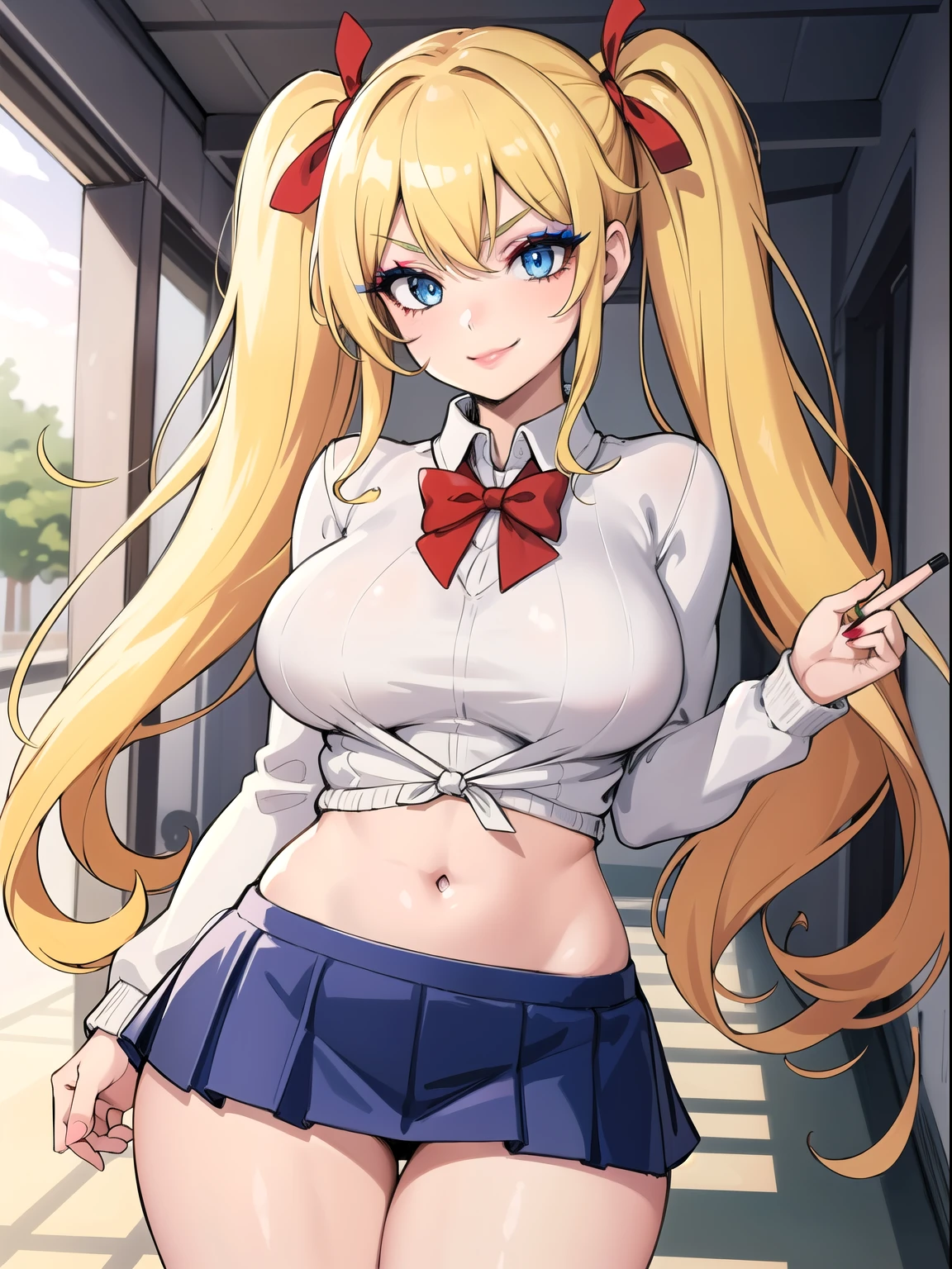 1girl,blonde hair, blue eyes, twintail,s detailed eyes, tight shirt, school uniforms,miniskirt,school hallway,lrge breasts, sagging breasts,(makeup:1.2),lipstick, sweater ,center open,midriff ,smirk