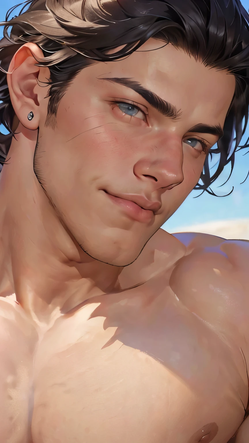 ((the best quality)), ((Masterpiece)), (details), perfect face, high definition, Masterpiece,4k,details clearly, Handsome face, white skin, perfect body, male body, strong muscles, abdomen, gray eyes, white skin, The most handsome man in the world, handsome, The coolest face, Male characters, close image (1man, shirtless), young man, mischievous smile, Extremely muscular tall man, open your eyes ((detailed eyes)), huge, muscular body and Massive, bulging pecs, muscular abs, narrow waist, short hair, blue eyes, delicate big eyes, carefree expression, clear face, handsome (detailed face, perfect face) ((extremely realistic shadows, bodybuilding posture, human, ((22-year-old young man)), V shape, Shirtless, topless, close up look, CG sense, Textured skin, the best quality, Storytelling images, lower your pants, show Panty line, Show your abs, show arm muscle, Black hair, shining gray eyes, eyes contact, high school, Red cheeks, men wear, clear sky, sunlight