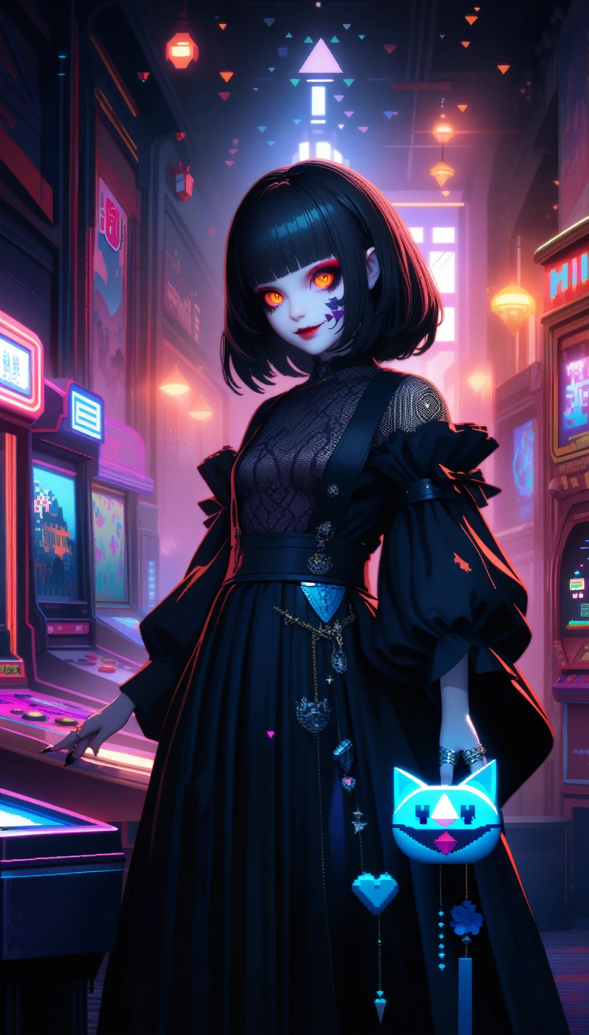 32k, best quality, ultra high res, HDR, UHD, extremely detailed CG, unity 32k wallpaper, In a retro 3D pixel art style, the cute robot cat with big claws and large guns is depicted with blocky, pixelated shapes and limited color palettes, reminiscent of classic video game graphics. The design evokes a nostalgic feel, with simple yet charming character designs and environments. The background is a pixelated, retro-futuristic landscape with geometric shapes and bright colors, reminiscent of vintage arcade games. This high-quality, high-resolution artwork, ideal for 16k wallpaper and 32k HD HDR, captures the nostalgic appeal of retro 3D pixel art, enhanced by Unreal Engine for smooth animations and vibrant retro visuals.A very cute goth anime girl with black hair and bangs, wearing rings on her fingers, pale skin, sharp eyes, dark makeup, she has long acrylic nails that have been painted silver, intricate rings on fingers, wearing an all-black outfit, She exudes sophistication and cool. in the style of hyper realistic. fasion style, mysterious smile, --ar 3:4 --niji 6 --style raw --s 1000,