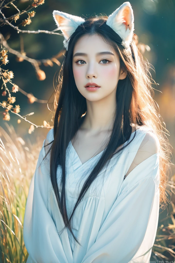 ( masterpiece, top quality, best quality,8k,17 years old girl,ultra detailed,raw photo:1.5),(photorealistic:1.4),(cinematic lighting), PerfectNwsjMajic, , Surrealism, UHD, ccurate, Super detail, textured skin, High detail, Best quality, dynamic angle, (high nose,White skin),[Beautiful blue eyes],[flat chest:large breasts:0.5],(1girl),(good anatomy:0.5)), Nine snow-white fox tails (1.0), Milky white fox tail (1.0), Close-up of nine-tailed fox, Nine tails, Nine tails，There are flowers on the hair, Very beautiful fox girl, Beautiful anime fox girl, Beautiful fantasy, guweiz, girl with fox ears, Very beautiful and charming fox girl, flower rain, The background  blurred, Artistic interpretation,a whimsical illustration, Subtle colors and tones, mystical aura, vixen , long hair