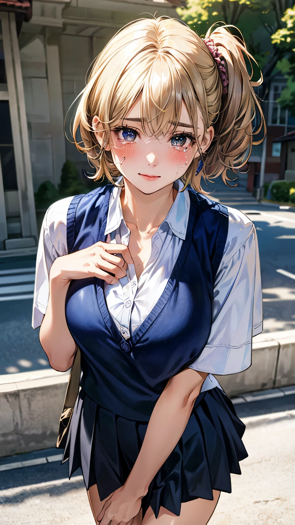 (masterpiece:1.3, top-quality, ultra high res, ultra detailed), (realistic, photorealistic:1.4), beautiful illustration, perfect lighting, natural lighting, colorful, depth of fields, ,
beautiful detailed hair, beautiful detailed face, beautiful detailed eyes, beautiful clavicle, beautiful body, beautiful chest, beautiful thigh, beautiful legs, beautiful fingers, shiny skin, babyface,
looking at viewer, (face focus), 1 girl, japanese, high school girl, (perfect anatomy, anatomically correct, super detailed skin), cute and symmetrical face, perfect face, perfect eyes,
(short hair, (two side up), sideburns, blonde hair), braided bangs, hair between eyes, dark green eyes, long eyelashes, (large breasts, seductive thighs), , outstanding style, ,
(detailed cloth texture, pink knit vest, white collared shirt, navy pleated skirt),
(beautiful scenery), late afternoon, (school yard), standing, arms behind back, (wince, tears),