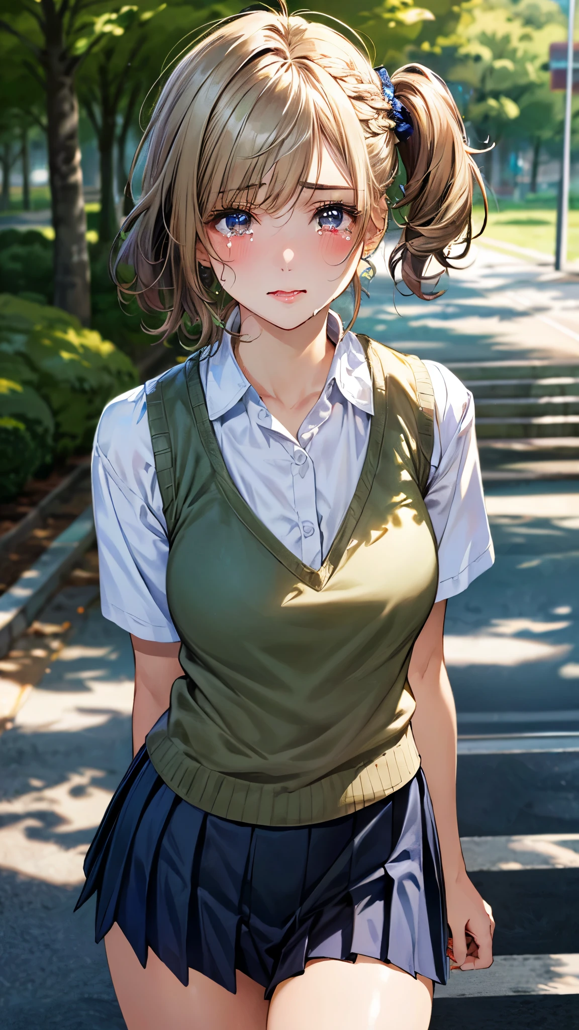 (masterpiece:1.3, top-quality, ultra high res, ultra detailed), (realistic, photorealistic:1.4), beautiful illustration, perfect lighting, natural lighting, colorful, depth of fields, , 
beautiful detailed hair, beautiful detailed face, beautiful detailed eyes, beautiful clavicle, beautiful body, beautiful chest, beautiful thigh, beautiful legs, beautiful fingers, shiny skin, babyface, 
looking at viewer, (face focus), 1 girl, japanese, high school girl, (perfect ???????, anatomically correct, super detailed skin), cute and symmetrical face, perfect face, perfect eyes, 
(short hair, (two side up), sideburns, blonde hair), braided bangs, hair between eyes, dark green eyes, long eyelashes, (large breasts, seductive thighs), , outstanding style, , 
(detailed cloth texture, pink knit vest, white collared shirt, navy pleated skirt), 
(beautiful scenery), late afternoon, (school yard), standing, arms behind back, (wince, tears),