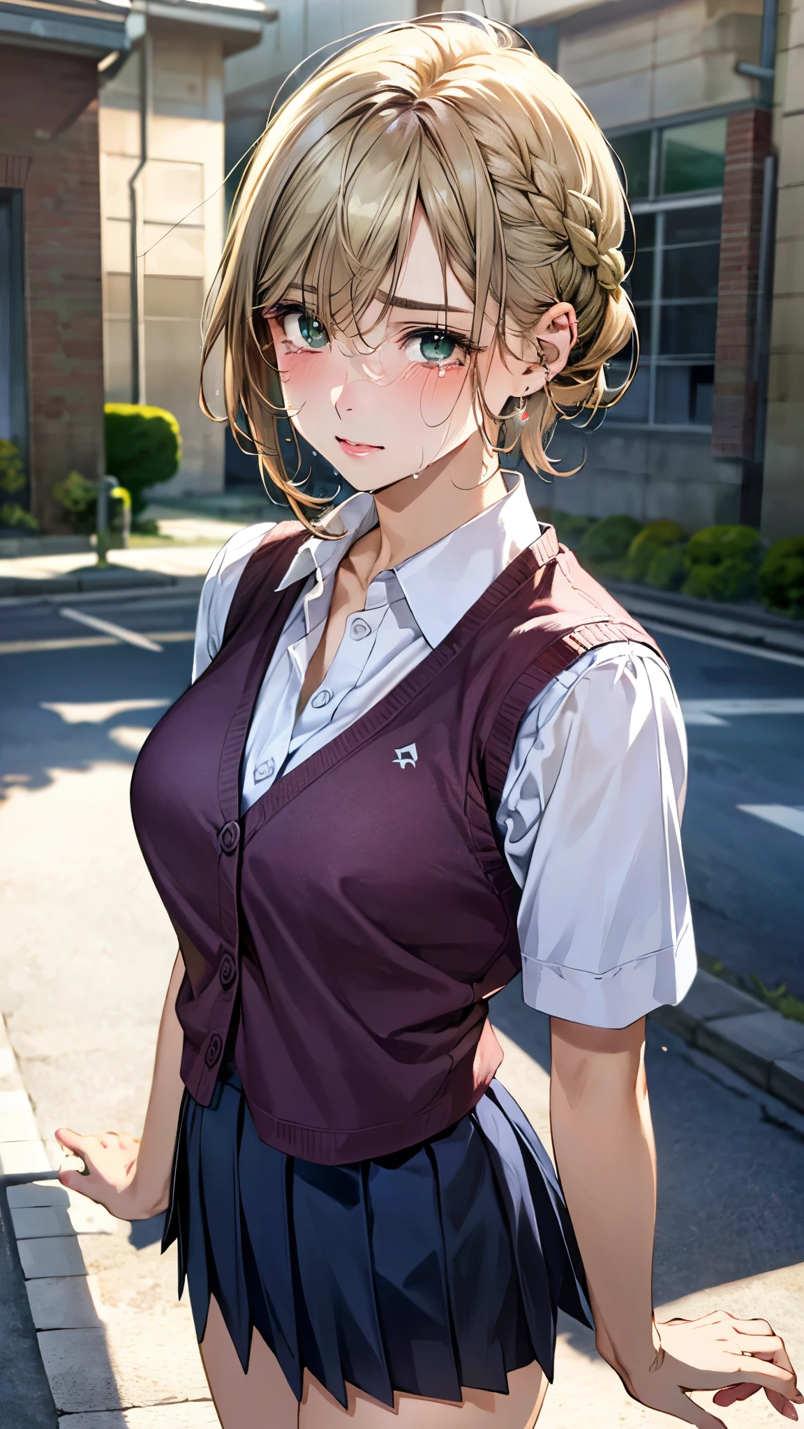 (masterpiece:1.3, top-quality, ultra high res, ultra detailed), (realistic, photorealistic:1.4), beautiful illustration, perfect lighting, natural lighting, colorful, depth of fields, , 
beautiful detailed hair, beautiful detailed face, beautiful detailed eyes, beautiful clavicle, beautiful body, beautiful chest, beautiful thigh, beautiful legs, beautiful fingers, shiny skin, babyface, 
looking at viewer, (face focus), 1 girl, japanese, high school girl, (perfect anatomy, anatomically correct, super detailed skin), cute and symmetrical face, perfect face, perfect eyes, 
(short hair, straight hair, sideburns, blonde hair), braided bangs, hair between eyes, dark green eyes, long eyelashes, (large breasts, seductive thighs), , outstanding style, , 
(detailed cloth texture, pink knit vest, white collared shirt, navy pleated skirt), 
(beautiful scenery), late afternoon, (school yard), standing, arms behind back, (wince, tears),