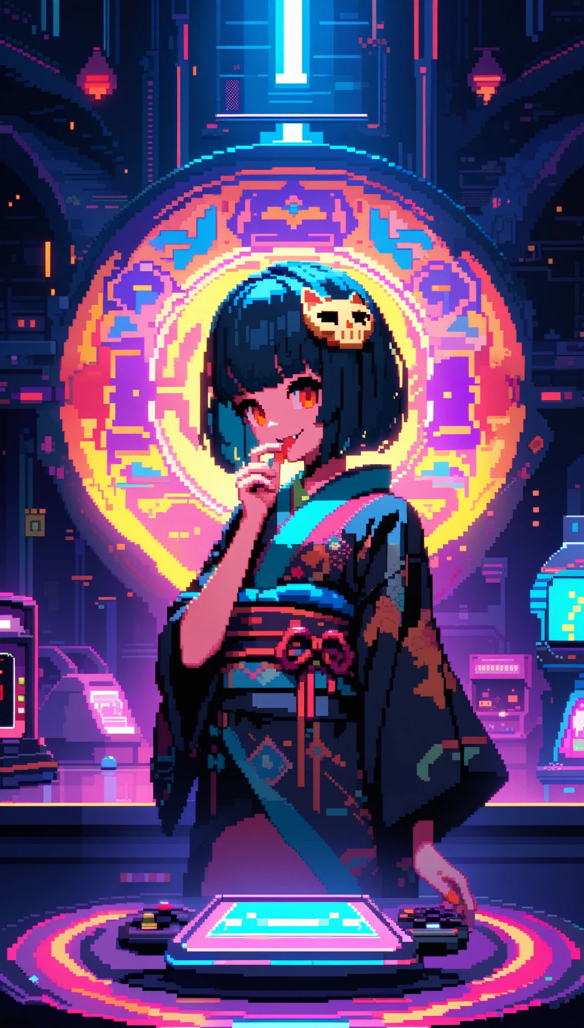 32k, best quality, ultra high res, HDR, UHD, extremely detailed CG, unity 32k wallpaper, In a retro 3D pixel art style, the cute robot cat with big claws and large guns is depicted with blocky, pixelated shapes and limited color palettes, reminiscent of classic video game graphics. The design evokes a nostalgic feel, with simple yet charming character designs and environments. The background is a pixelated, retro-futuristic landscape with geometric shapes and bright colors, reminiscent of vintage arcade games. This high-quality, high-resolution artwork, ideal for 16k wallpaper and 32k HD HDR, captures the nostalgic appeal of retro 3D pixel art, enhanced by Unreal Engine for smooth animations and vibrant retro visuals.a colorful Japanese animation style of a woman with short hair holding a half-removed skull mask in her hand. The skull mask is golden and designed to cover the upper half of her face. She is dressed in a kimono with cyberpunk elements integrated into the design. Her right hand is near her mouth, with two rings attached to chains on her fingers. She has a mischievous smile, revealing fangs. The background features a stained glass pattern with traditional Japanese motifs.