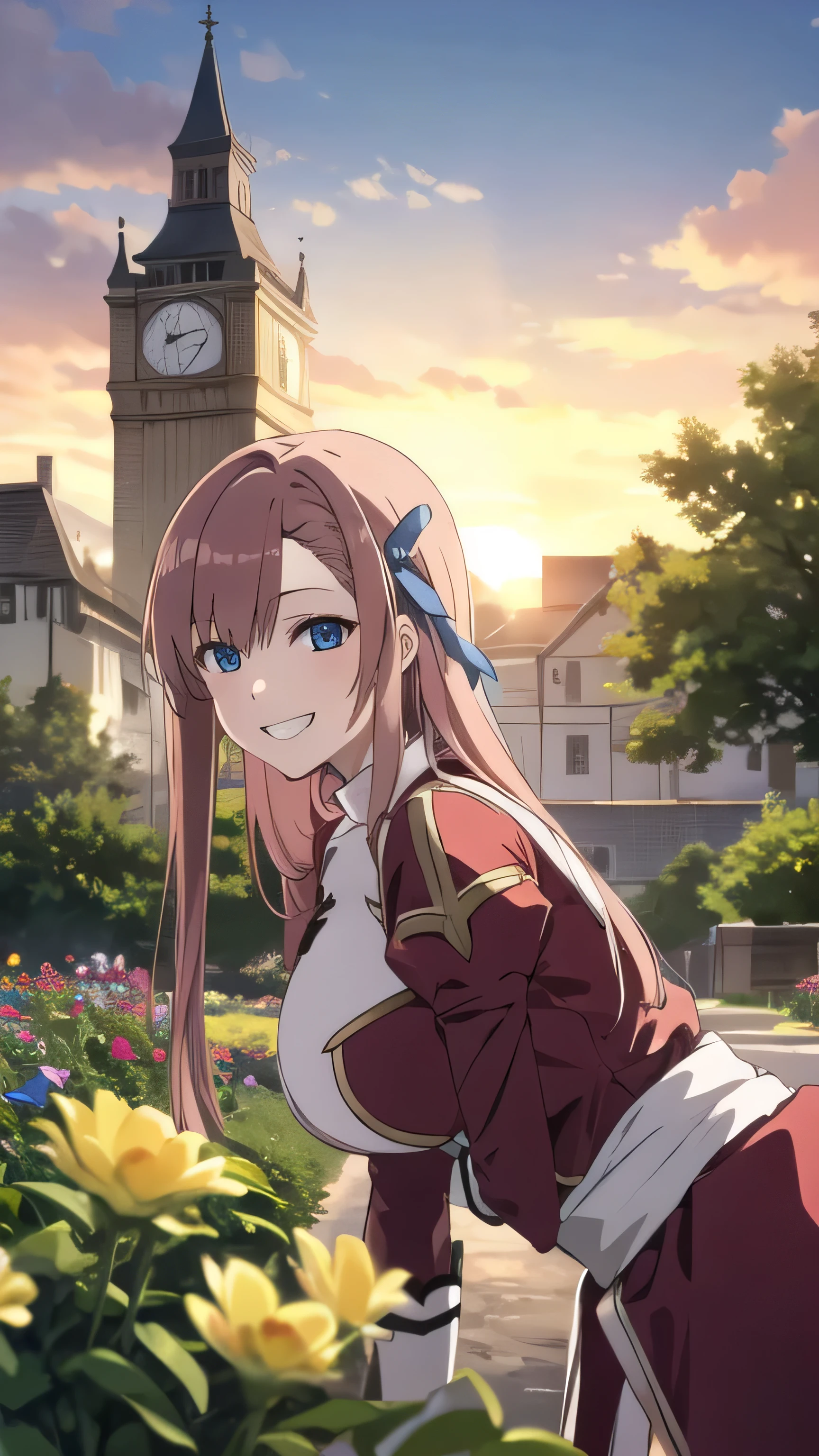 masterpiece, best quality, asuna ichinose, blue eyes, very long red hair, hair ribbon, solo, 1 girl, flower garden, outdoors, standing, cross, bow, grin, floating hair, looking at viewer, massive breasts, big breasts, clock tower, front view, leaning forward, upper body, cowboy shot, sunset,