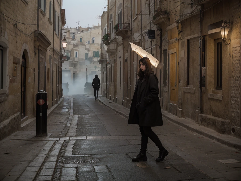 Sassi di Matera, Italy. sassi_di_matera. Outdoor in streets of Matera. The character is surrounded by mist, evoking a mysterious and eerie atmosphere. The lighting is dark and atmospheric, with a red smoke adding a touch of sinister ambiance. The image is of the best quality, with a resolution of 4k and HDR enhancement, showcasing the utmost level of detail and realism, nsfw, full body shot. [[YES SFW]], sofiax waiting.