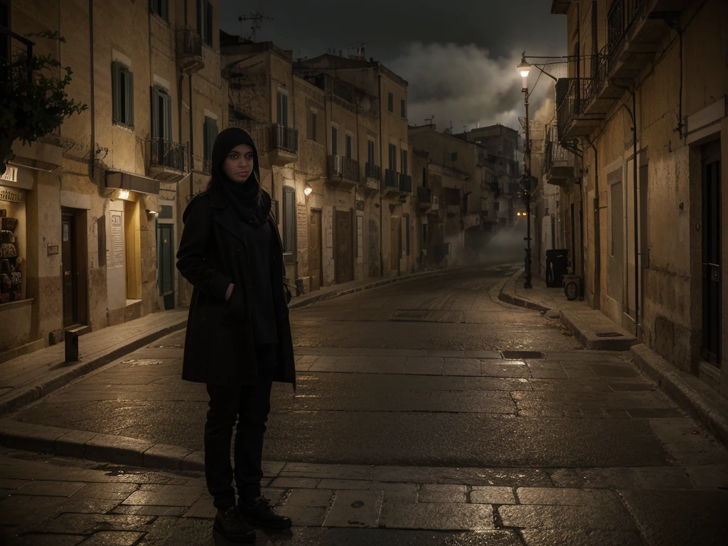 Sassi di Matera, Italy. sassi_di_matera. Outdoor in streets of Matera. The character is surrounded by mist, evoking a mysterious and eerie atmosphere. The lighting is dark and atmospheric, with a red smoke adding a touch of sinister ambiance. The image is of the best quality, with a resolution of 4k and HDR enhancement, showcasing the utmost level of detail and realism, nsfw, full body shot. [[YES SFW]], sofiax waiting.