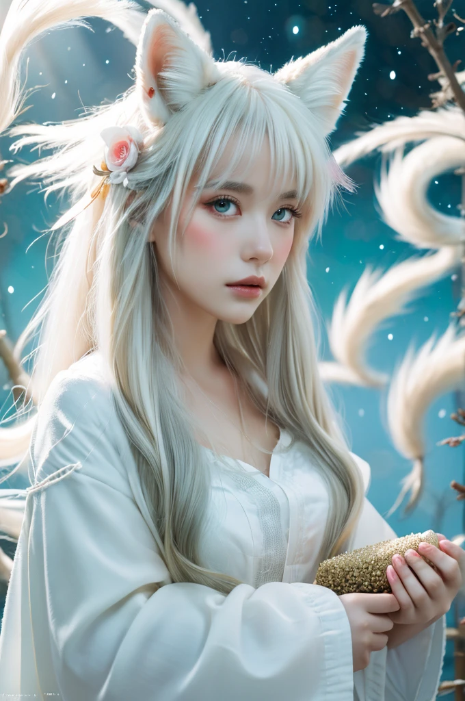 ( masterpiece, top quality, best quality,8k, girl,ultra detailed,raw photo:1.5),(photorealistic:1.4),(cinematic lighting), PerfectNwsjMajic, , Surrealism, UHD, ccurate, Super detail, textured skin, High detail, Best quality, dynamic angle, (high nose,White skin),[Beautiful blue eyes],[flat chest:large breasts:0.5],(1girl),(good anatomy:0.5)), Nine snow-white fox tails (1.0), Milky white fox tail (1.0), Close-up of nine-tailed fox, Nine tails, Nine tails，There are flowers on the hair, Very beautiful fox girl, Beautiful anime fox girl, Beautiful fantasy, guweiz, girl with fox ears, Very beautiful and charming fox girl, flower rain, The background  blurred, Artistic interpretation,a whimsical illustration, Subtle colors and tones, mystical aura, vixen , long hair