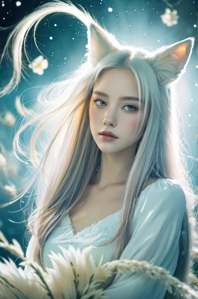 ( masterpiece, top quality, best quality,8k, girl,ultra detailed,raw photo:1.5),(photorealistic:1.4),(cinematic lighting), PerfectNwsjMajic, , Surrealism, UHD, ccurate, Super detail, textured skin, High detail, Best quality, dynamic angle, (high nose,White skin),[Beautiful blue eyes],[flat chest:large breasts:0.5],(1girl),(good anatomy:0.5)), Nine snow-white fox tails (1.0), Milky white fox tail (1.0), Close-up of nine-tailed fox, Nine tails, Nine tails，There are flowers on the hair, Very beautiful fox girl, Beautiful anime fox girl, Beautiful fantasy, guweiz, girl with fox ears, Very beautiful and charming fox girl, flower rain, The background  blurred, Artistic interpretation,a whimsical illustration, Subtle colors and tones, mystical aura, vixen , long hair