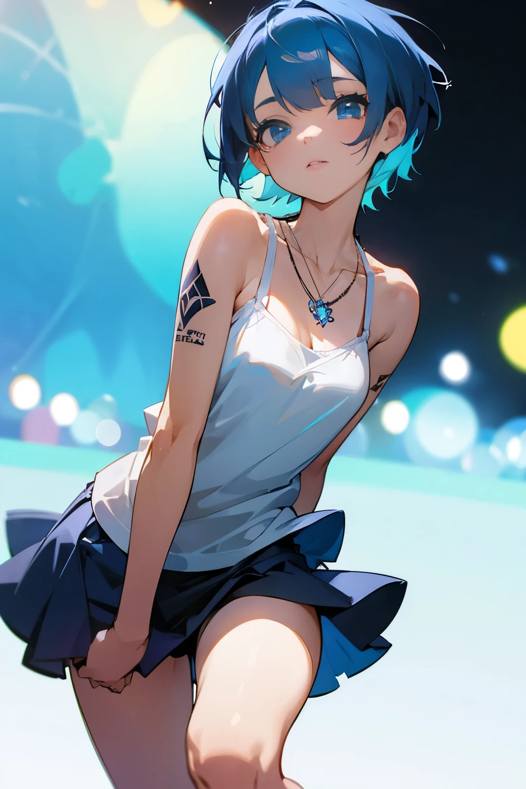 1cute girl, Blue hair, tattoo, short hair, necklace, Bare shoulders,Blue eyes, Bokeh, short skirt