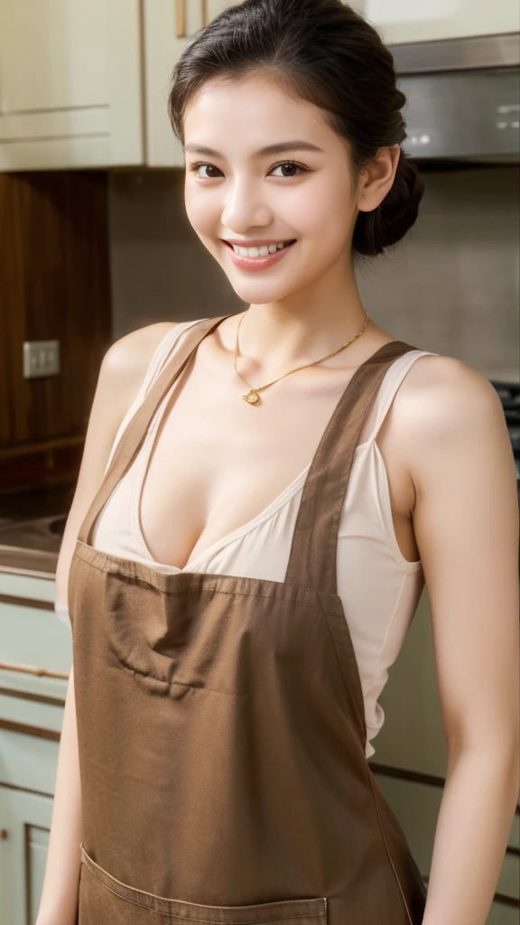 (realisitic, hight resolution:1.3), javanese face, 1 girl with a perfect figure, Super thin face and eyes, updo hair, thin gold necklace, wearing old brown apron, braless, medium ??????, cleavage, show ??????:1.3, smile, beauty teeth, looking at front, background : luxury kitchen set