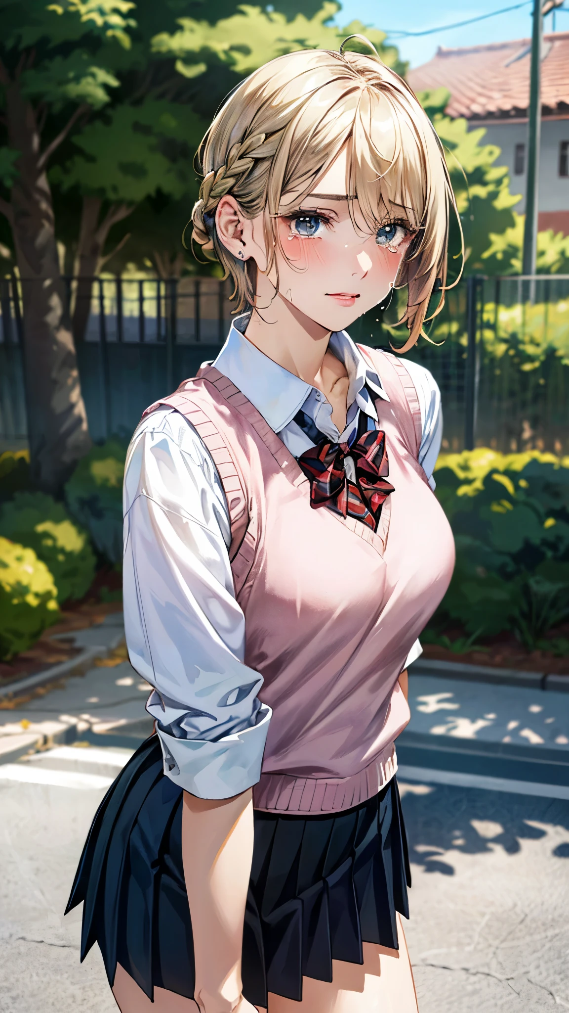 (masterpiece:1.3, top-quality, ultra high res, ultra detailed), (realistic, photorealistic:1.4), beautiful illustration, perfect lighting, natural lighting, colorful, depth of fields, ,
beautiful detailed hair, beautiful detailed face, beautiful detailed eyes, beautiful clavicle, beautiful body, beautiful chest, beautiful thigh, beautiful legs, beautiful fingers, shiny skin, babyface,
looking at viewer, (face focus), 1 girl, japanese, high school girl, (perfect anatomy, anatomically correct, super detailed skin), cute and symmetrical face, perfect face, perfect eyes,
(short hair, straight hair, sideburns, blonde hair), braided bangs, hair between eyes, dark green eyes, long eyelashes, (large breasts, seductive thighs), , outstanding style, ,
(detailed cloth texture), break, ((pink knit vest)), break, (white collared shirt, navy pleated skirt),
(beautiful scenery), late afternoon, (school yard), standing, arms behind back, (wince, tears),