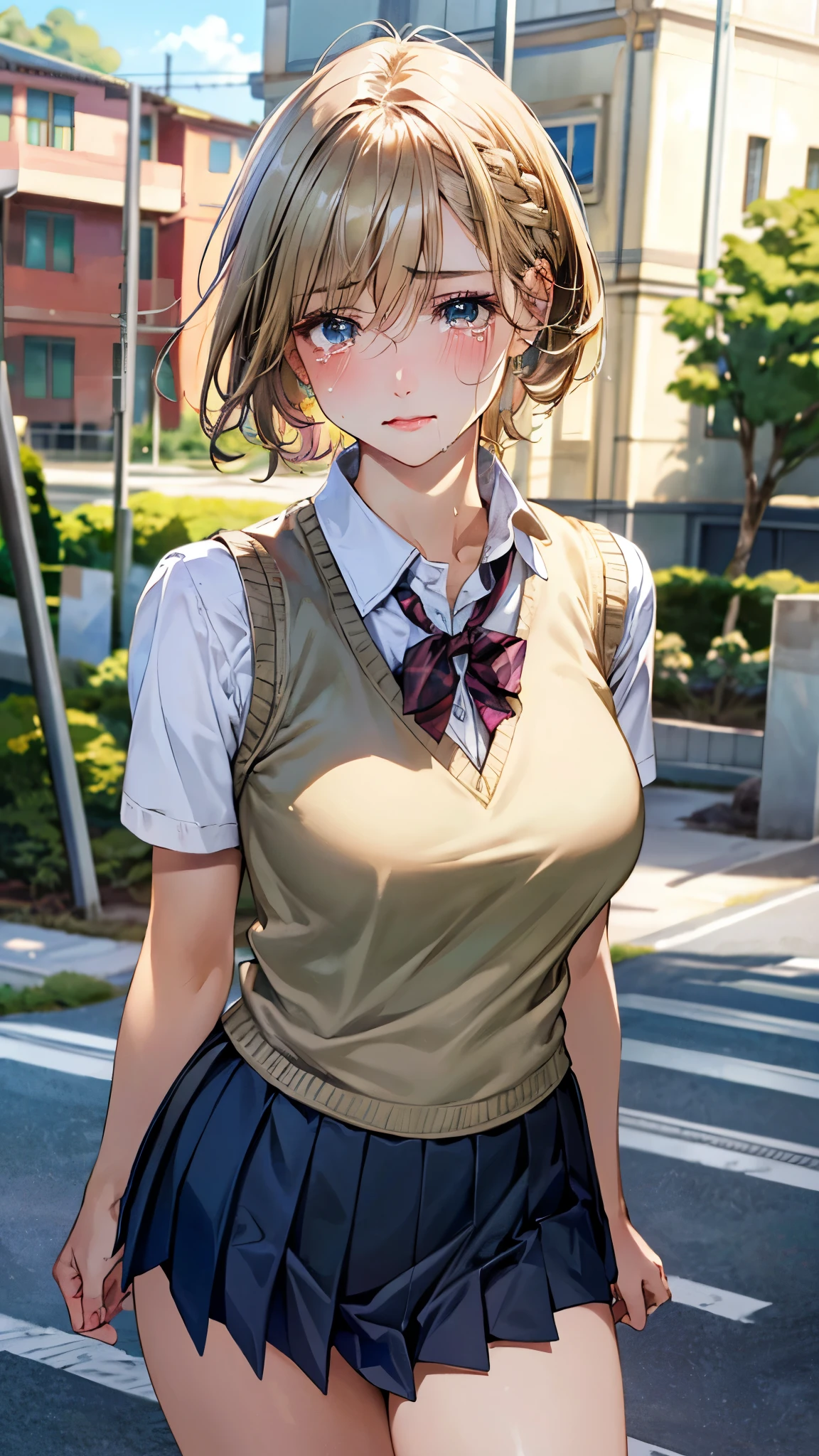 (masterpiece:1.3, top-quality, ultra high res, ultra detailed), (realistic, photorealistic:1.4), beautiful illustration, perfect lighting, natural lighting, colorful, depth of fields, ,
beautiful detailed hair, beautiful detailed face, beautiful detailed eyes, beautiful clavicle, beautiful body, beautiful chest, beautiful thigh, beautiful legs, beautiful fingers, shiny skin, babyface,
looking at viewer, (face focus), 1 girl, japanese, high school girl, (perfect anatomy, anatomically correct, super detailed skin), cute and symmetrical face, perfect face, perfect eyes,
(short hair, straight hair, sideburns, blonde hair), braided bangs, hair between eyes, dark green eyes, long eyelashes, (large breasts, seductive thighs), , outstanding style, ,
(detailed cloth texture), break, ((pink knit vest)), break, (white collared shirt, navy pleated skirt),
(beautiful scenery), late afternoon, (school yard), standing, arms behind back, (wince, tears),