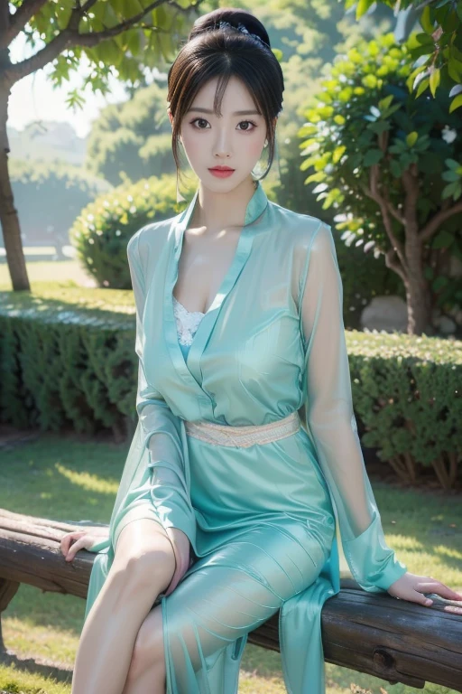 UHD, anatomically correct, textured skin, best quality, 8k,Canon, Canon, foreshortening,Cubist Futurism, modern, Realism, Contemporary art, Action painting,drop shadow, blending、Small Breasts, Svelte Body、(masterpiece:1.2, highest quality), (Realistic, photoRealistic:1.4),Ancient Chinese beauty lying on a tree trunk、Dressed in flowing tulle、Lightweight yarn、Graceful appearance、Chinese ancient clothing、lazy posture、Wicker Swing、Ink painting style、blank、free-hand、Blue-green、masterpiece、Ultra dense、narrative poetry synthesis、high resolution、highest quality、4k