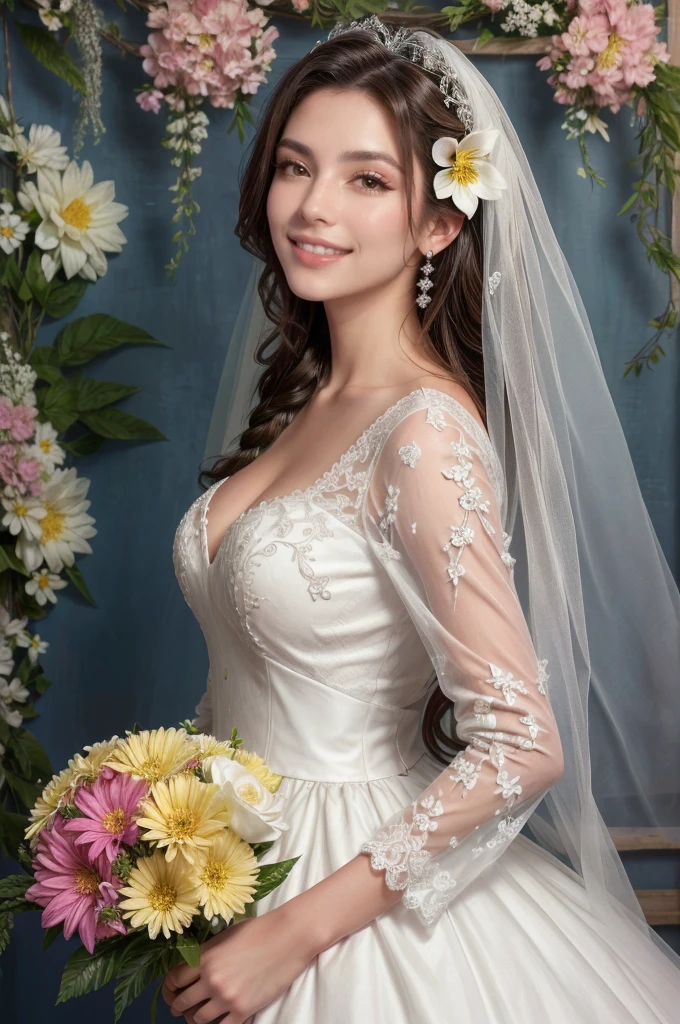 Hermosa novia con velo, maquillaje brillante, leve sonrisa, cabello rubio y grueso, trenzas recortadas, against the backdrop of wonderful flowers